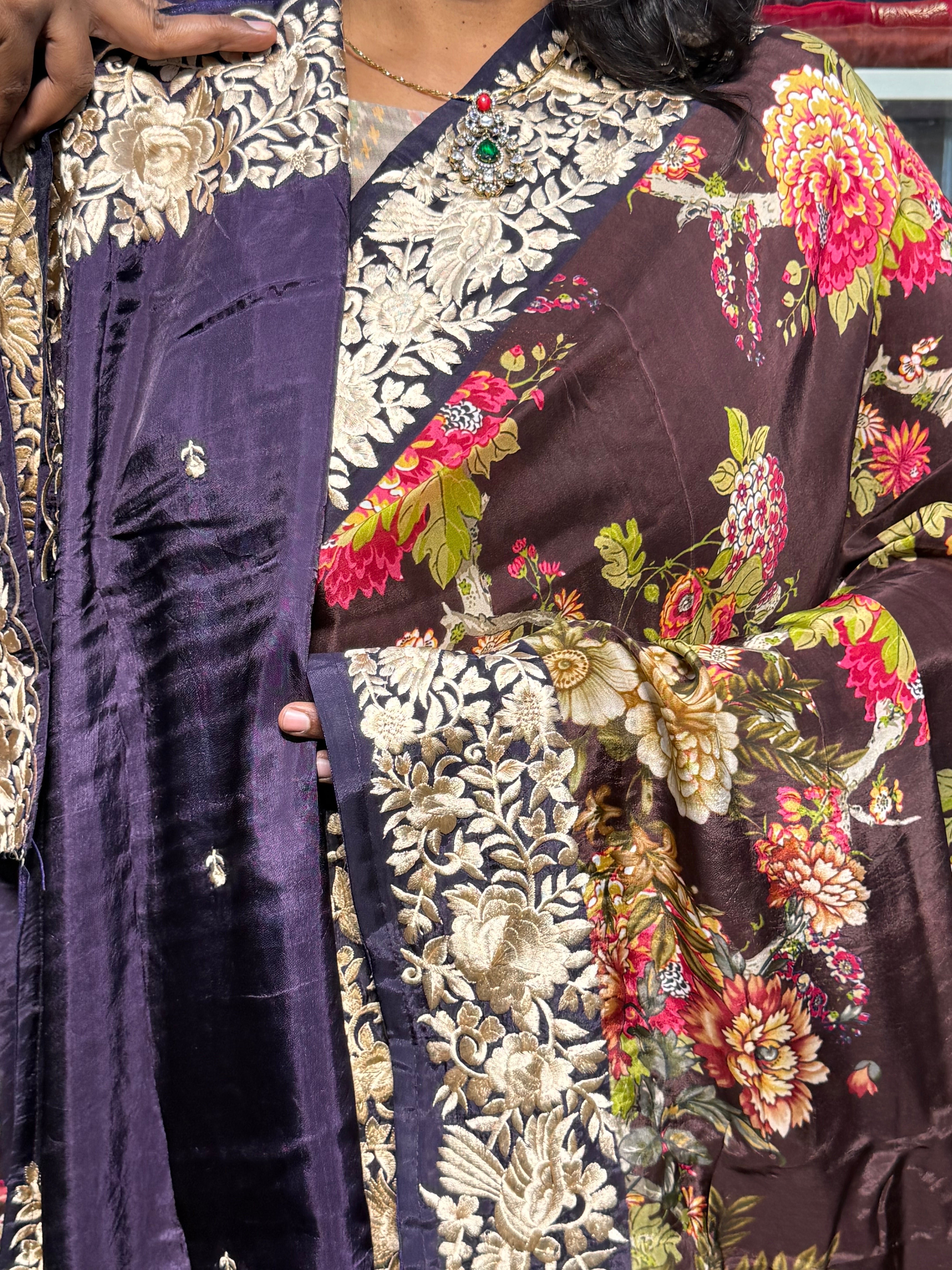 PARSI WORK EMBROIDERY ON PURE VISCOSE CREPE WITH DIGITAL PRINT: BROWN