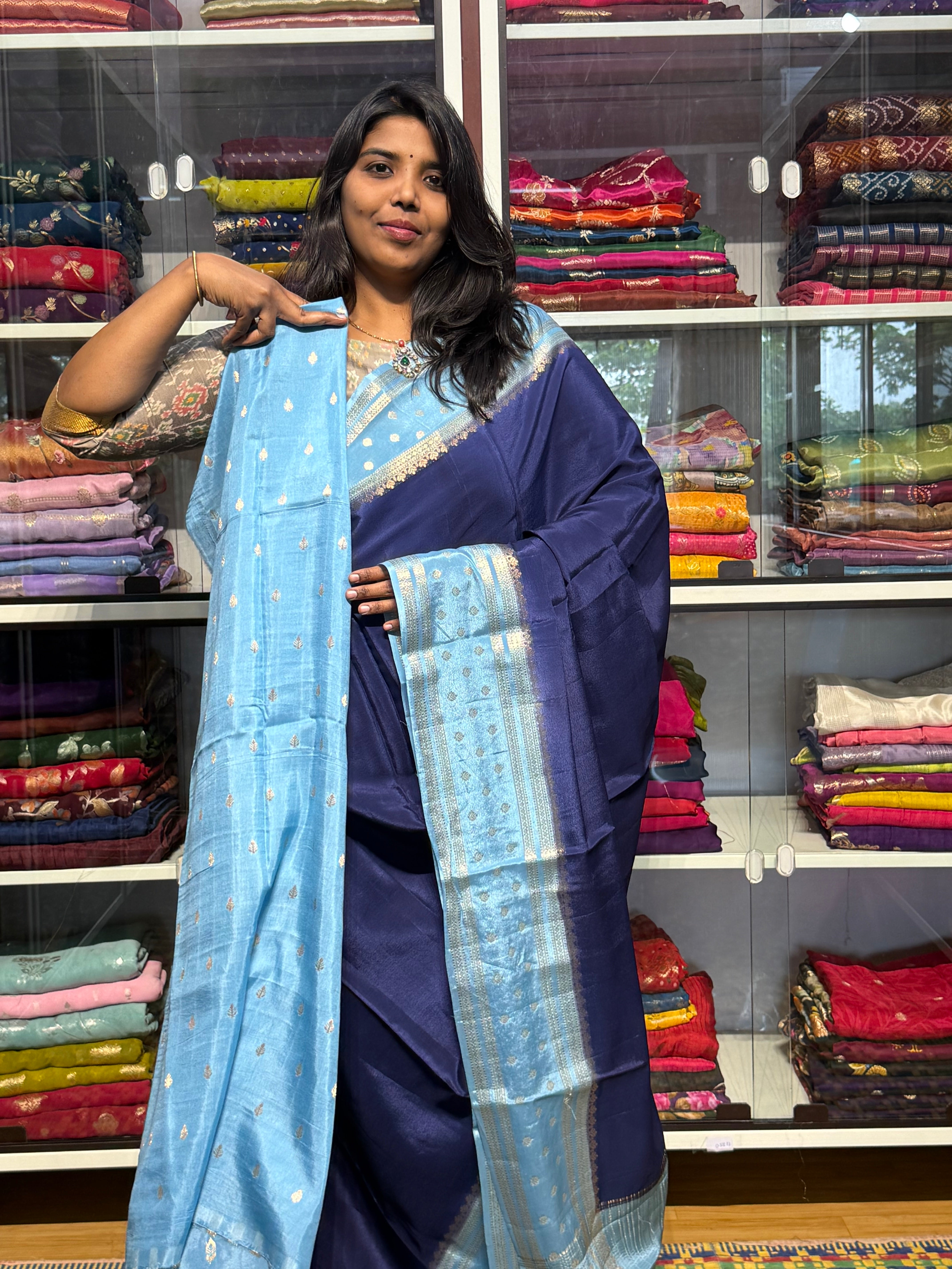 MYSORE  CRAPE  SILK WITH GAP BORDERS: BLUE