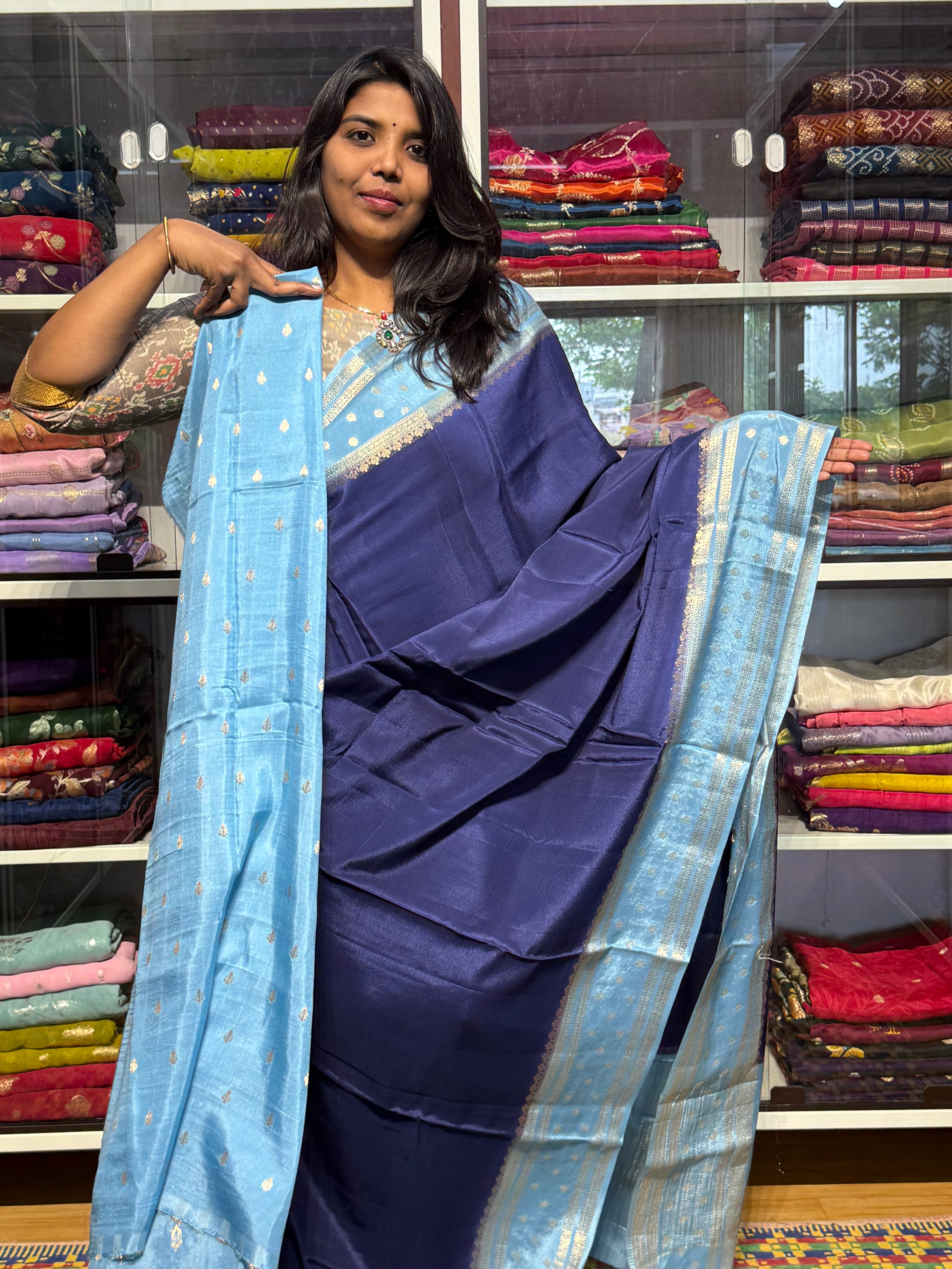 MYSORE  CRAPE  SILK WITH GAP BORDERS: BLUE