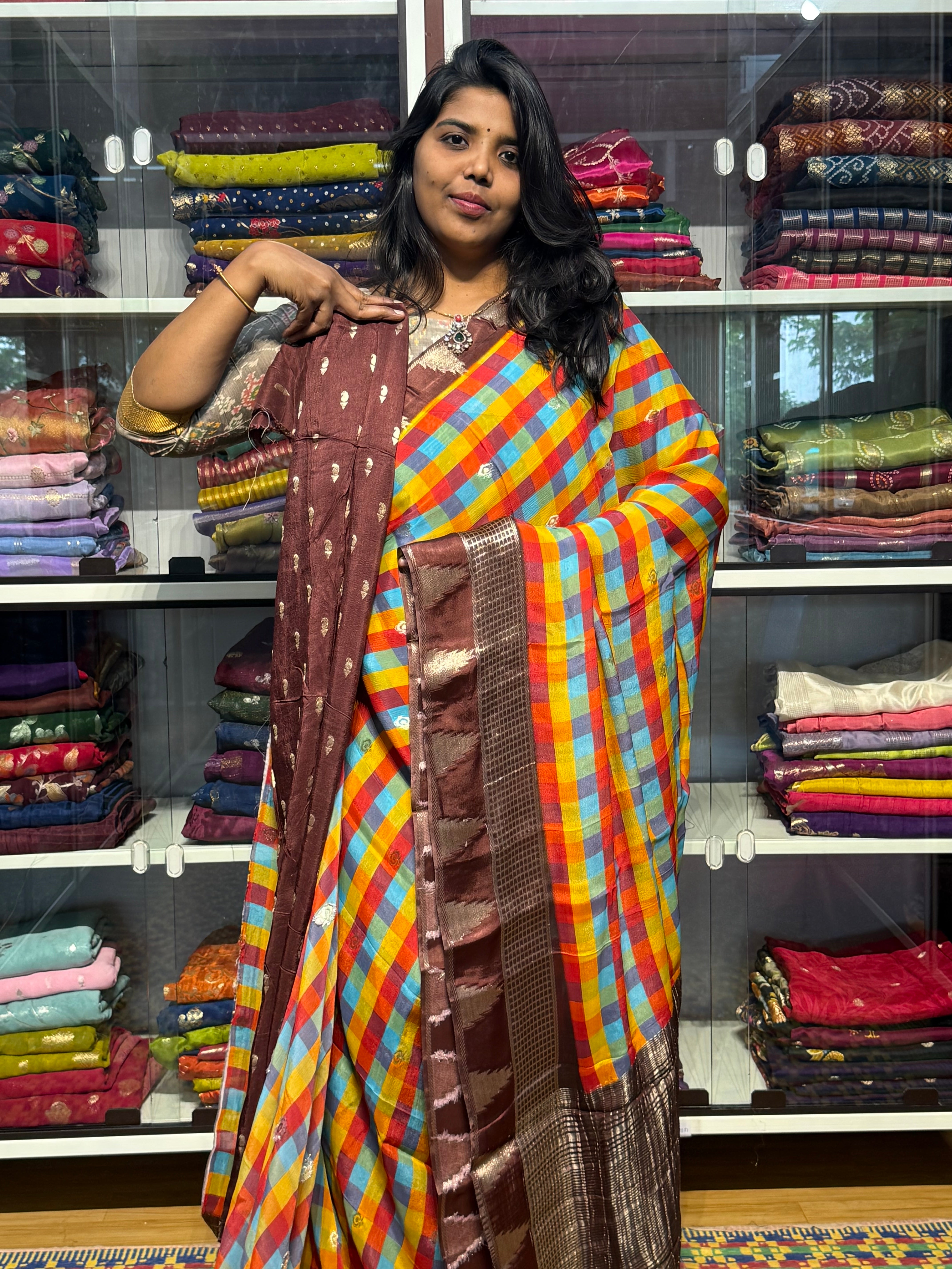 PURE CHIFFON SAREES WITH MADRAS CHECKS : MULTICOLOR