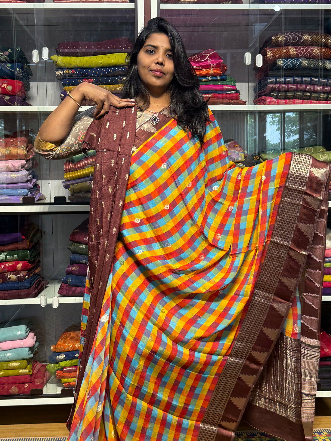 PURE CHIFFON SAREES WITH MADRAS CHECKS : MULTICOLOR