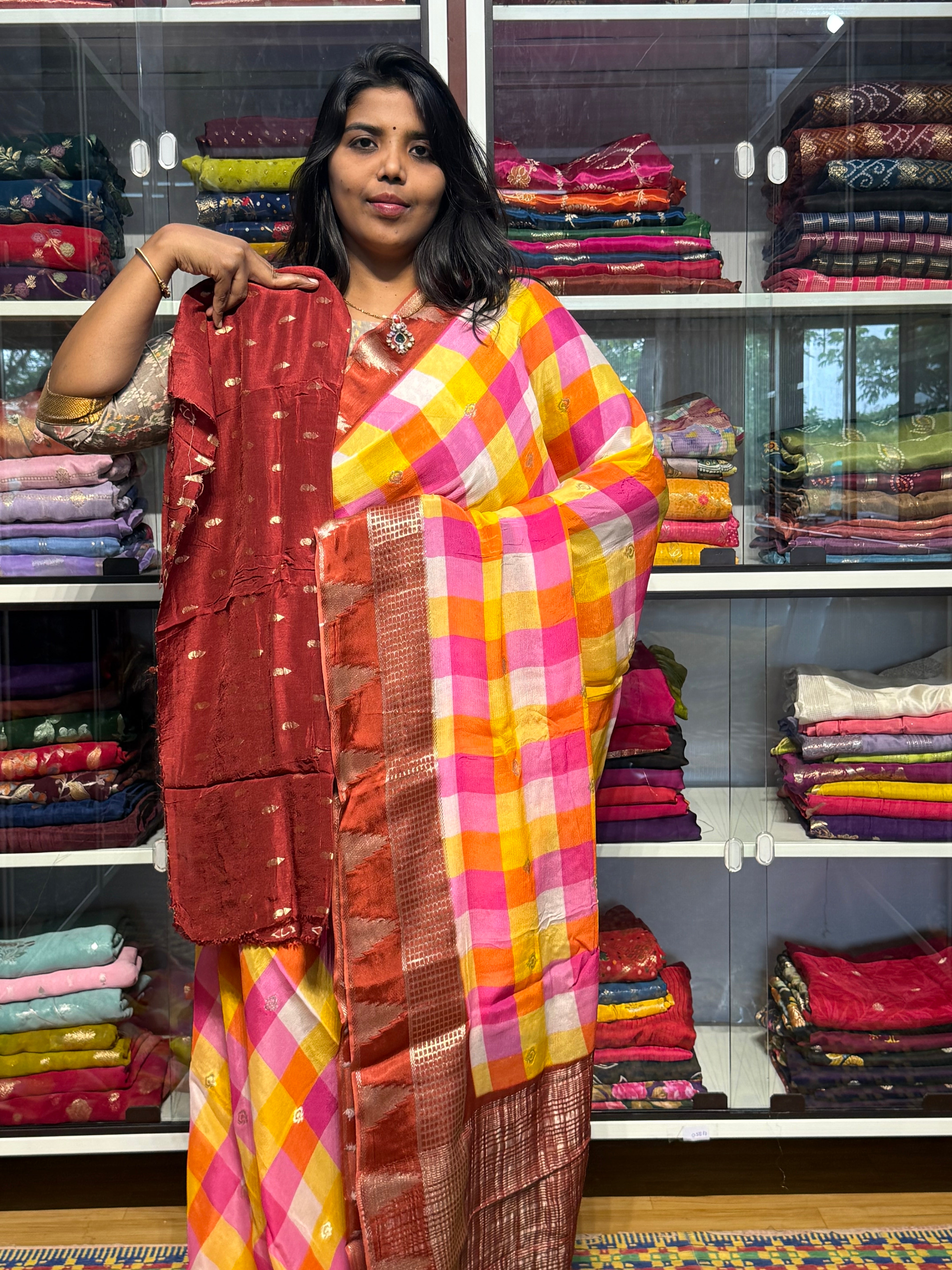 PURE CHIFFON SAREES WITH MADRAS CHECKS : MULTICOLOR
