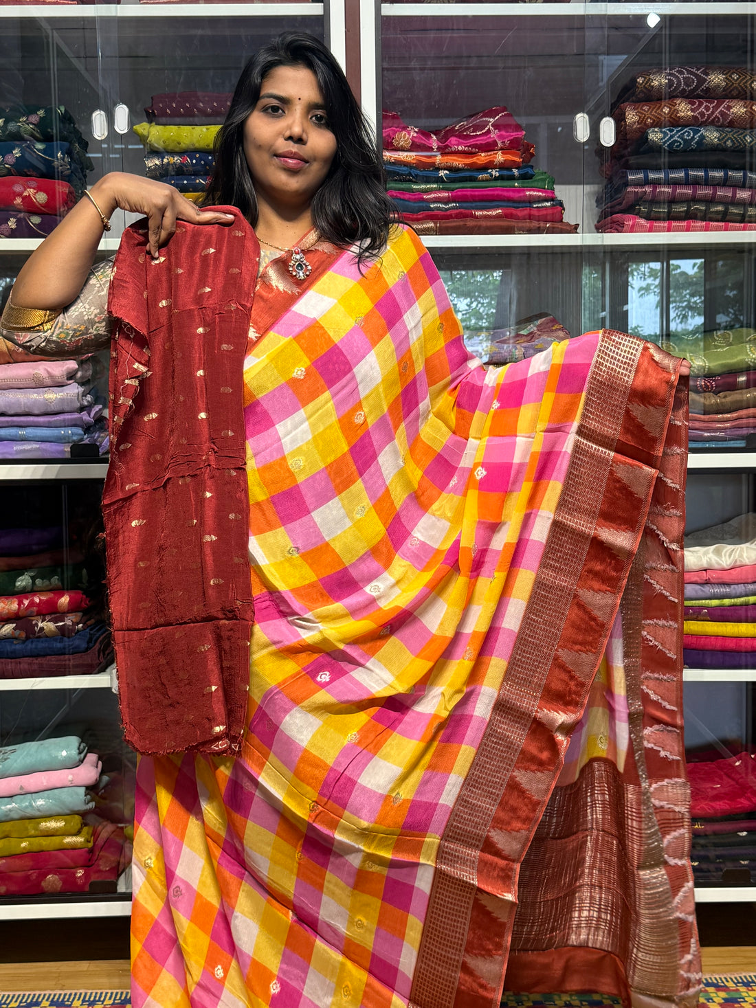 PURE CHIFFON SAREES WITH MADRAS CHECKS : MULTICOLOR