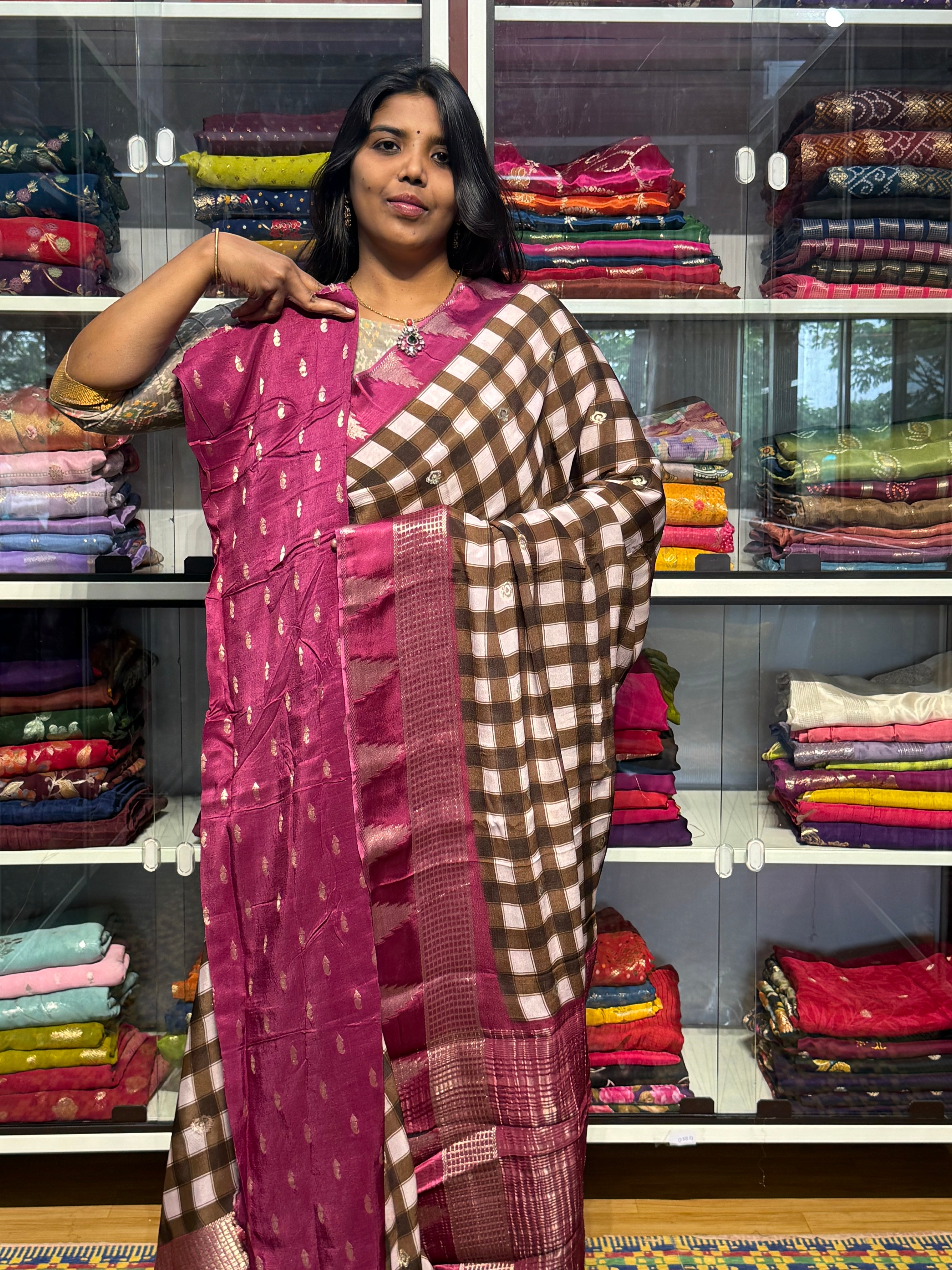 PURE CHIFFON SAREES WITH MADRAS CHECKS : MULTICOLOR