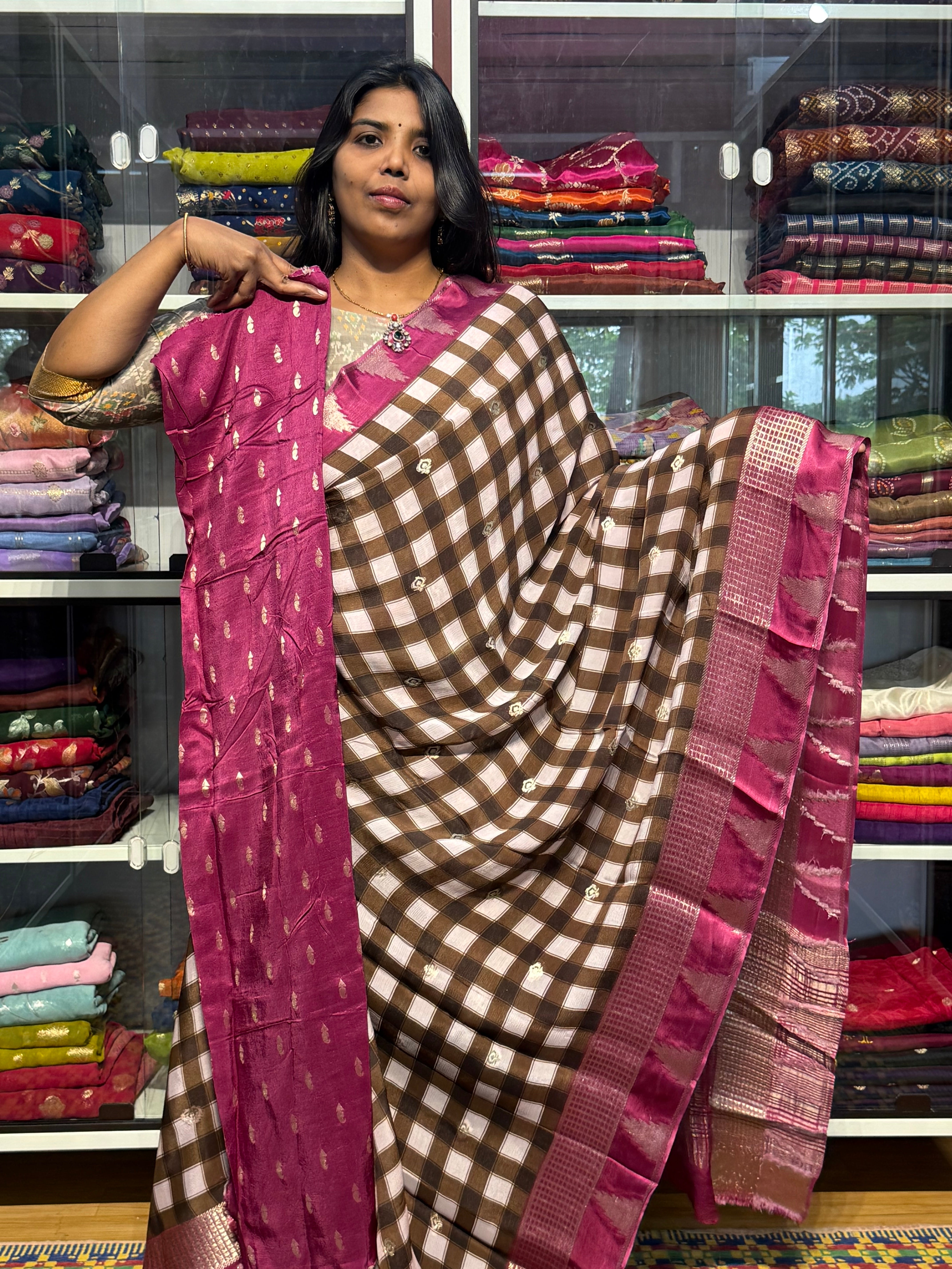 PURE CHIFFON SAREES WITH MADRAS CHECKS : MULTICOLOR