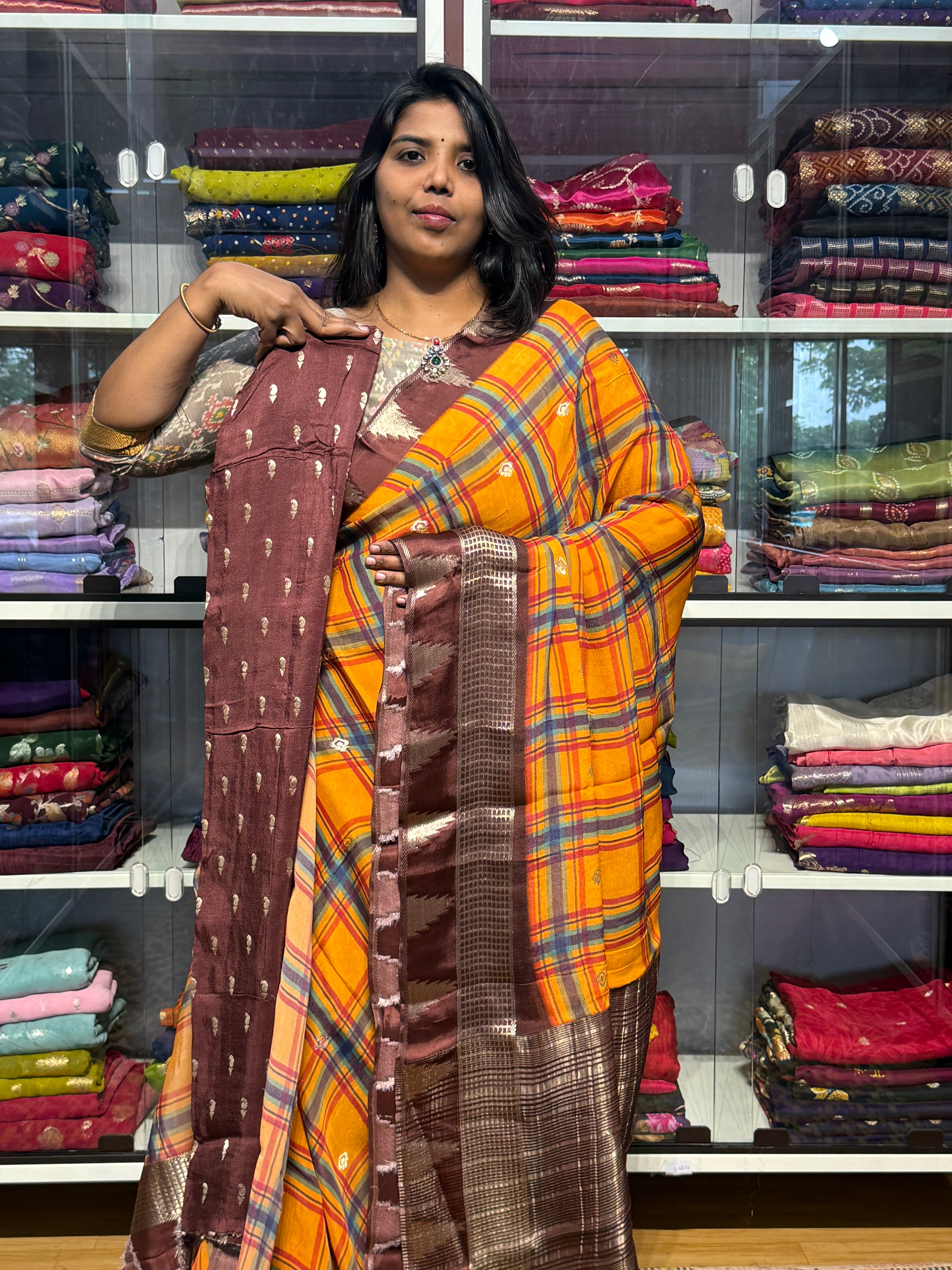 PURE CHIFFON SAREES WITH MADRAS CHECKS : MULTICOLOR