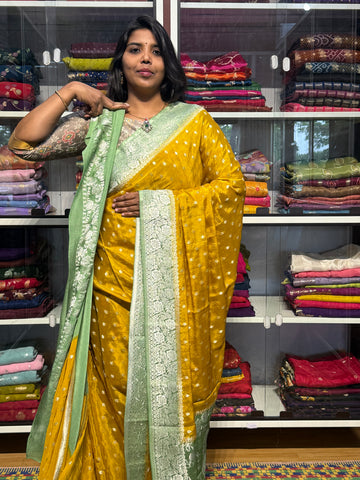 PURE BANARAS KHADDI CHIFFON GEORGETTE : YELLOW WITH MINT