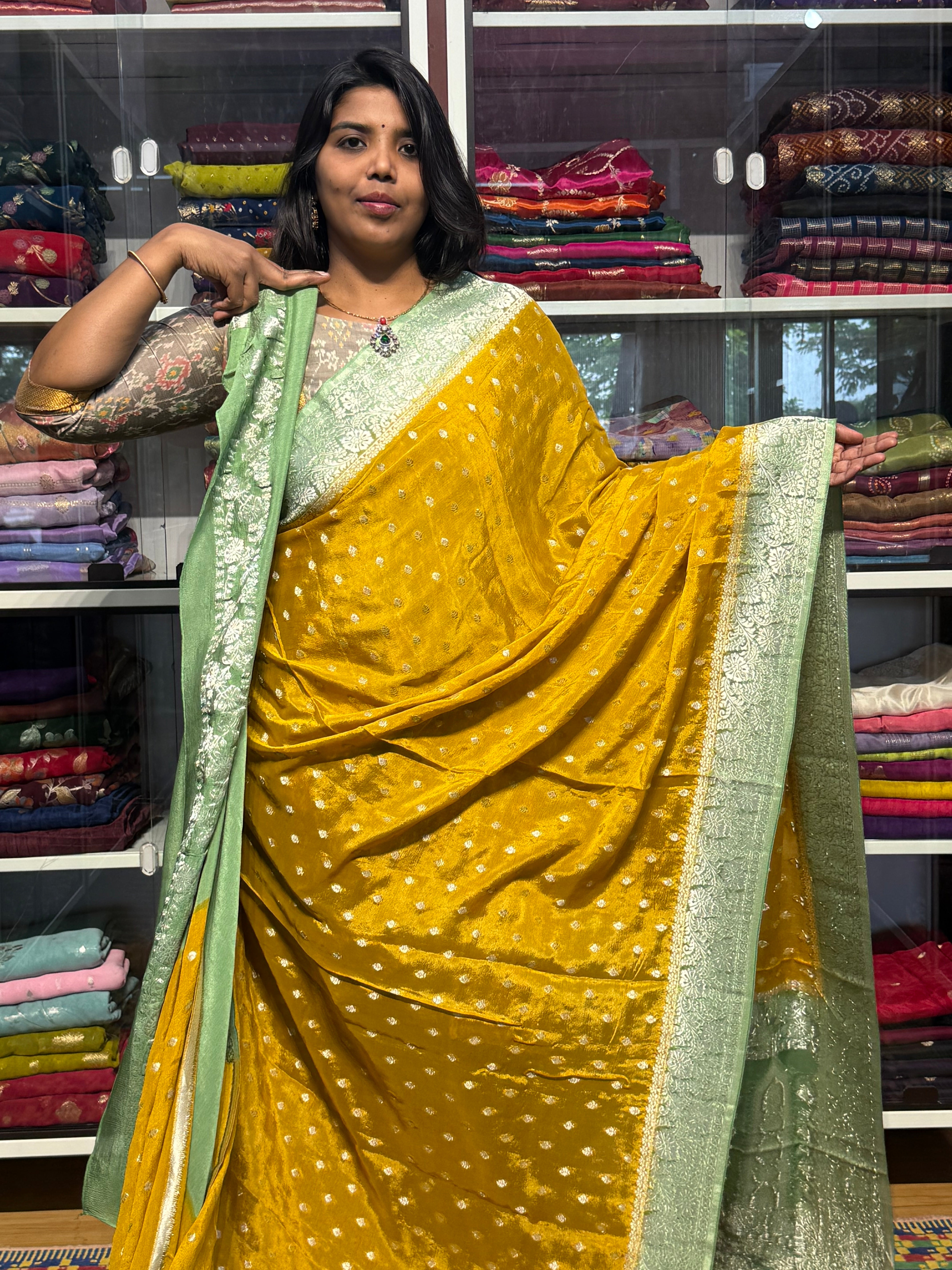 PURE BANARAS KHADDI CHIFFON GEORGETTE : YELLOW WITH MINT