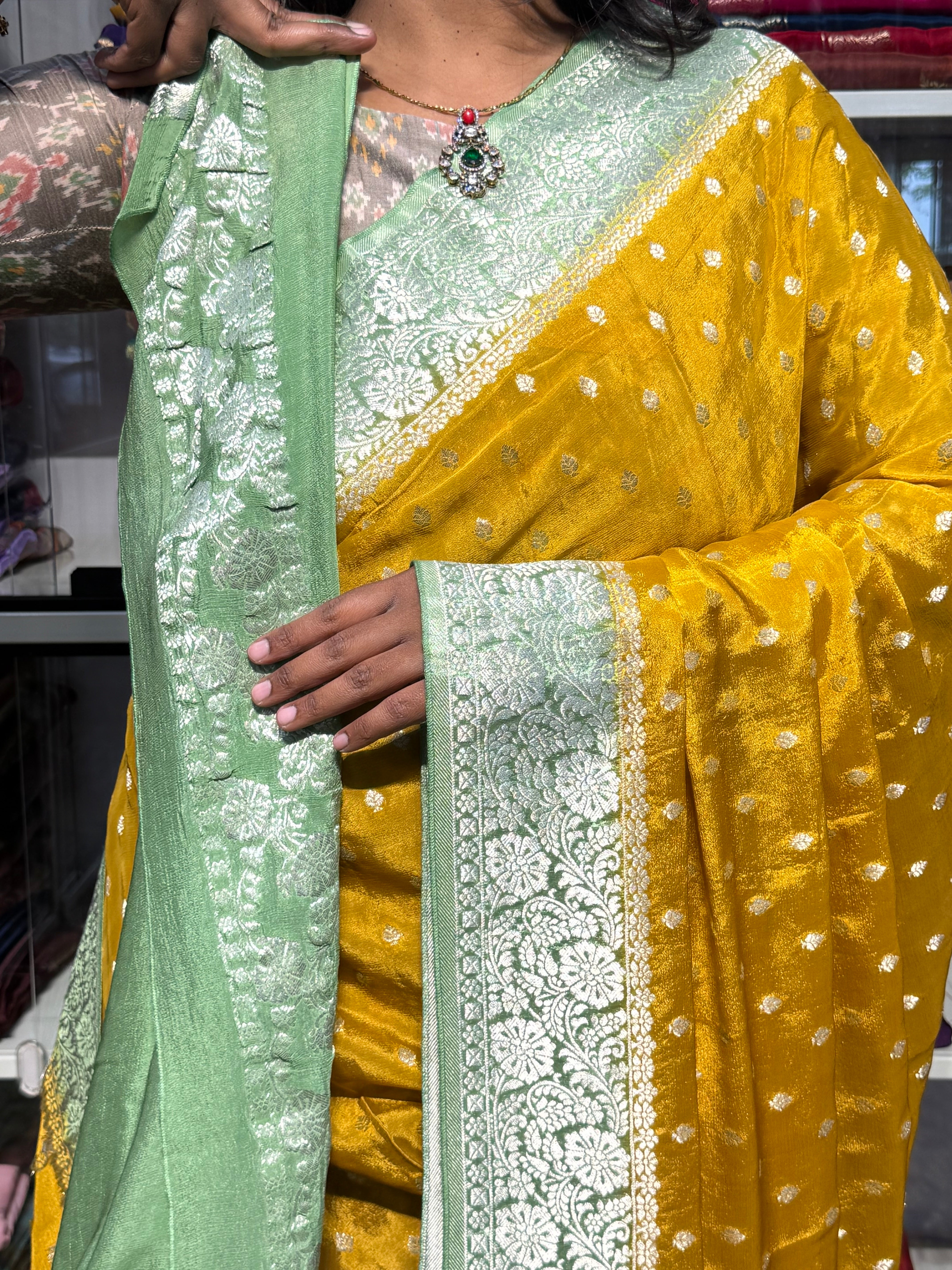 PURE BANARAS KHADDI CHIFFON GEORGETTE : YELLOW WITH MINT