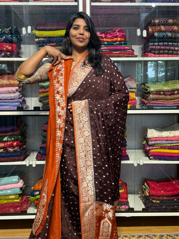 PURE BANARAS KHADDI CHIFFON GEORGETTE : BROWN WITH RUST