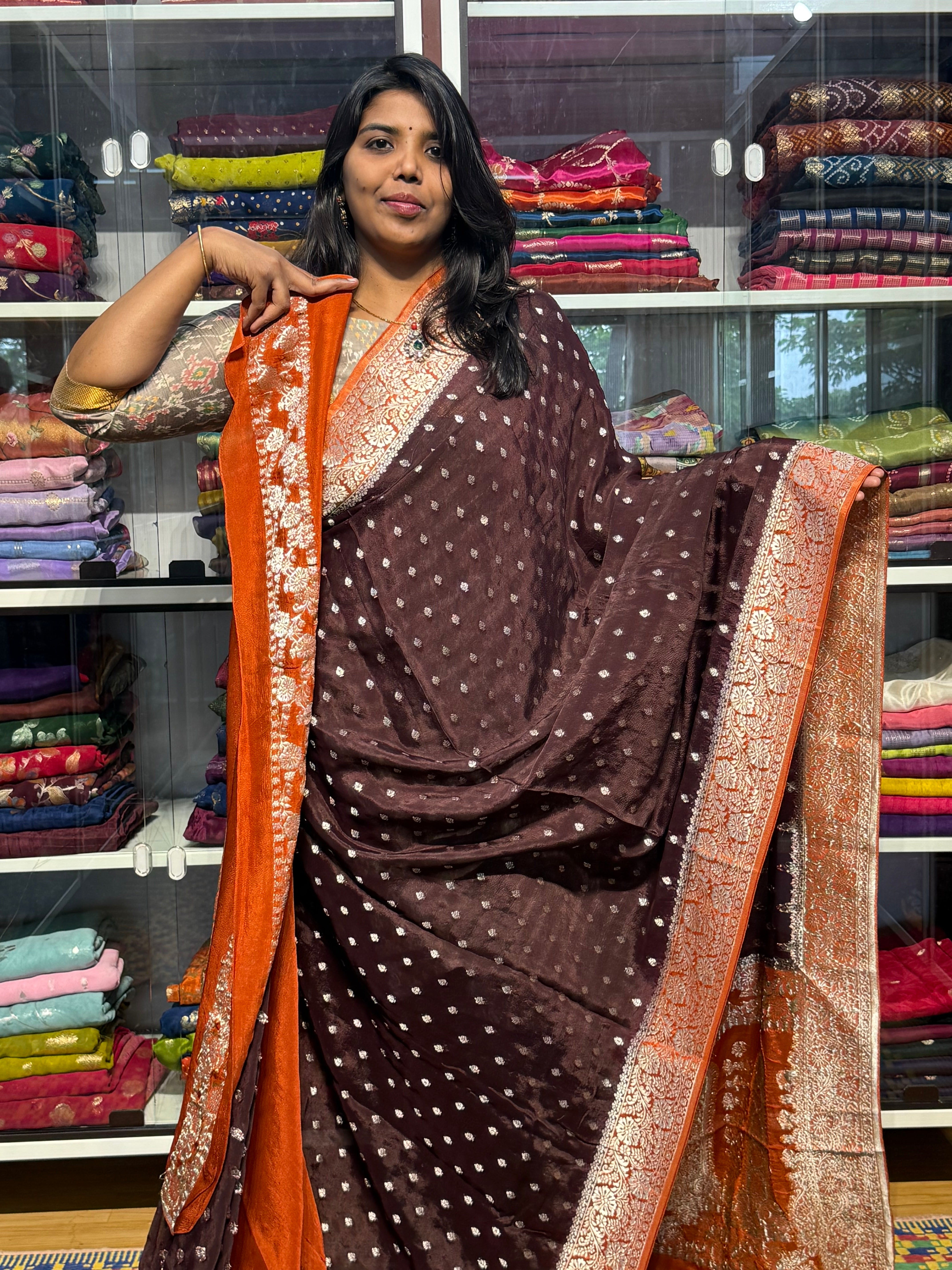 PURE BANARAS KHADDI CHIFFON GEORGETTE : BROWN WITH RUST