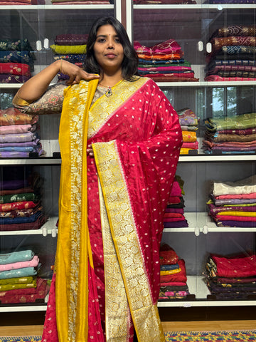 PURE BANARAS KHADDI CHIFFON GEORGETTE : PINK WITH YELLOW