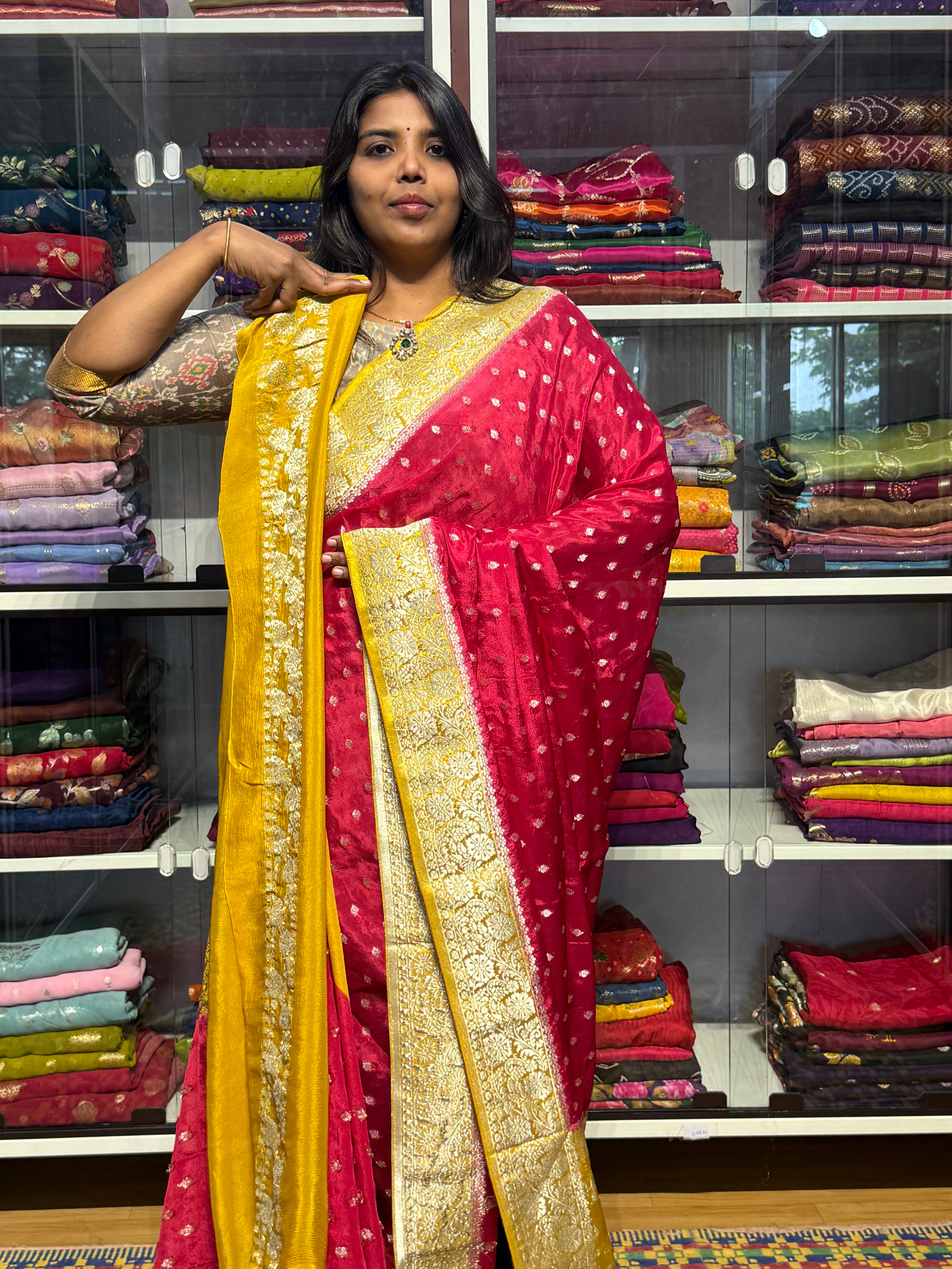 PURE BANARAS KHADDI CHIFFON GEORGETTE : PINK WITH YELLOW