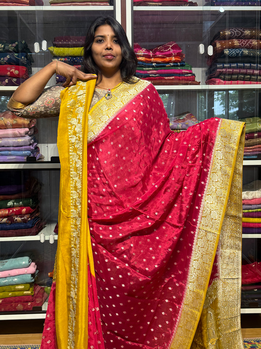 PURE BANARAS KHADDI CHIFFON GEORGETTE : PINK WITH YELLOW