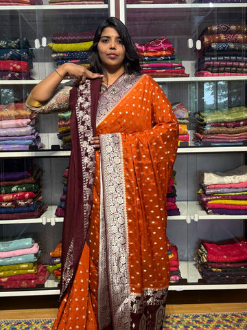PURE BANARAS KHADDI CHIFFON GEORGETTE : RUST WITH BROWN