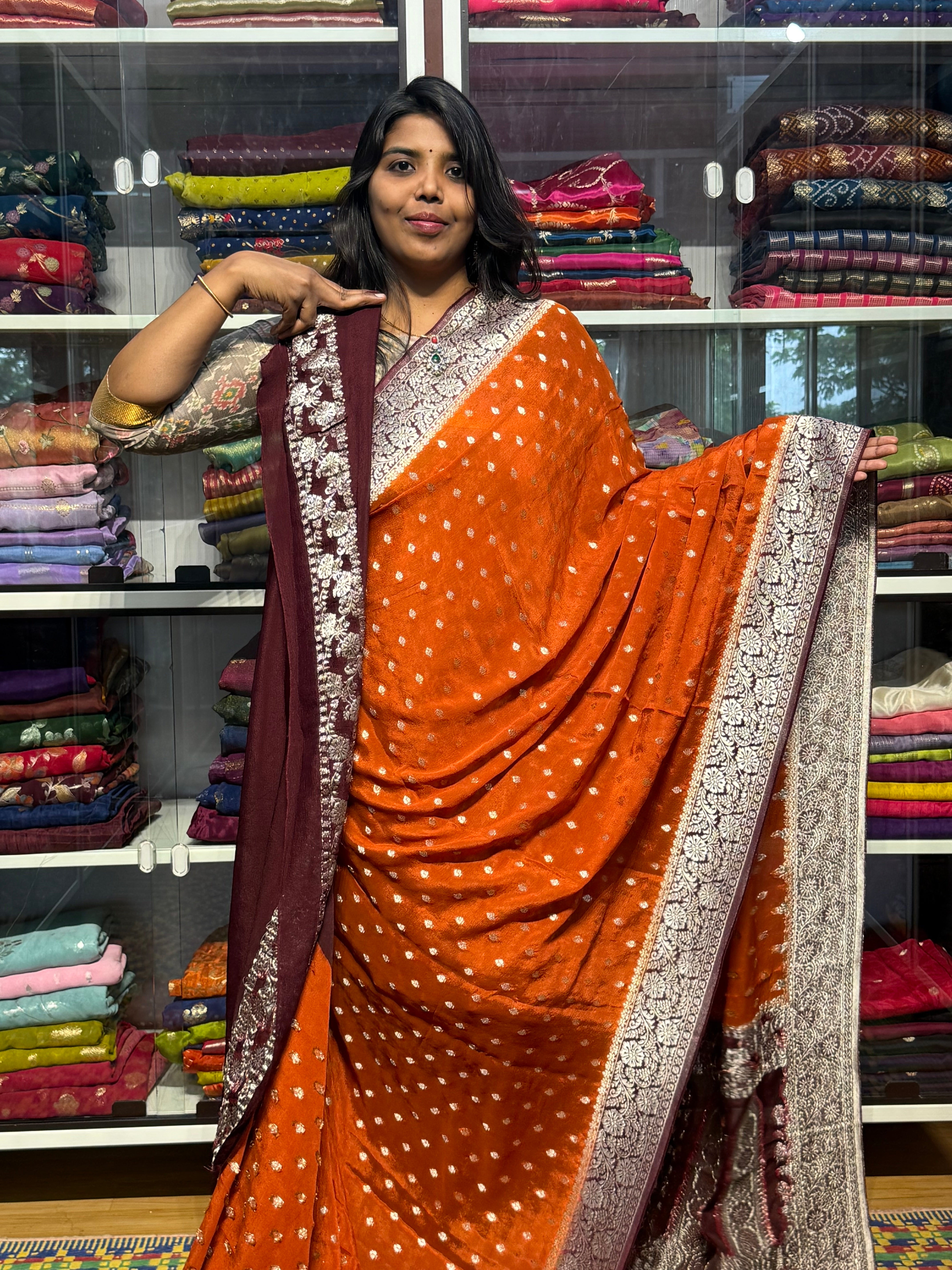 PURE BANARAS KHADDI CHIFFON GEORGETTE : RUST WITH BROWN