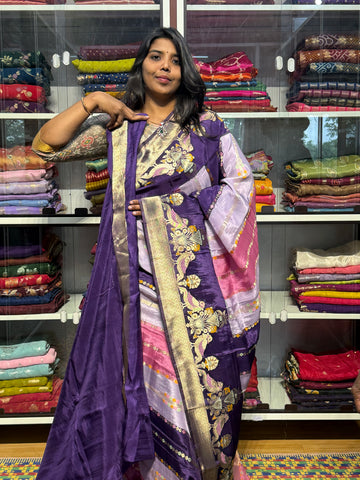 PREMIUM RANKAT PATTERN SAREE WITH MEENAKARI: VOILET