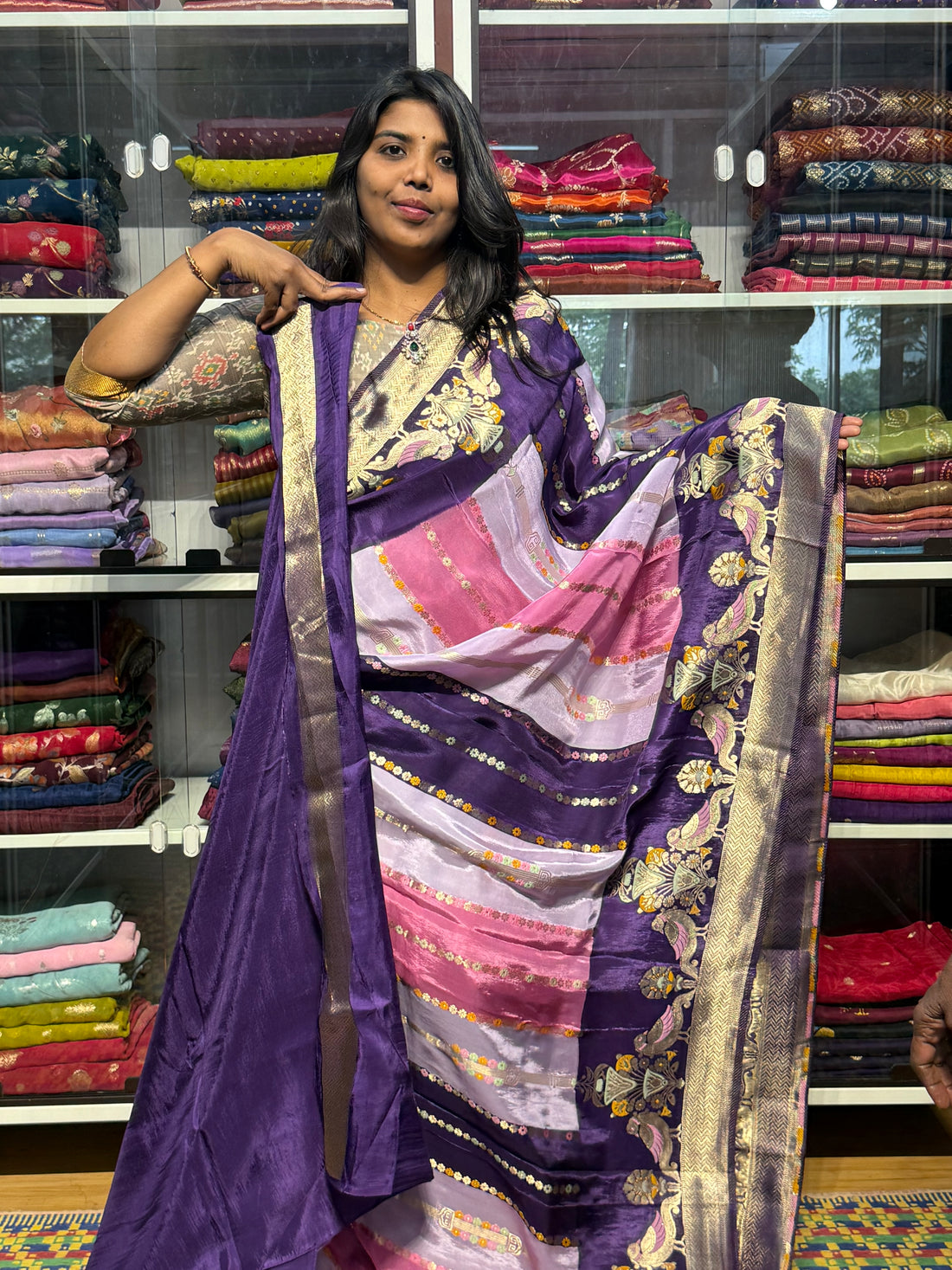 PREMIUM RANKAT PATTERN SAREE WITH MEENAKARI: VOILET