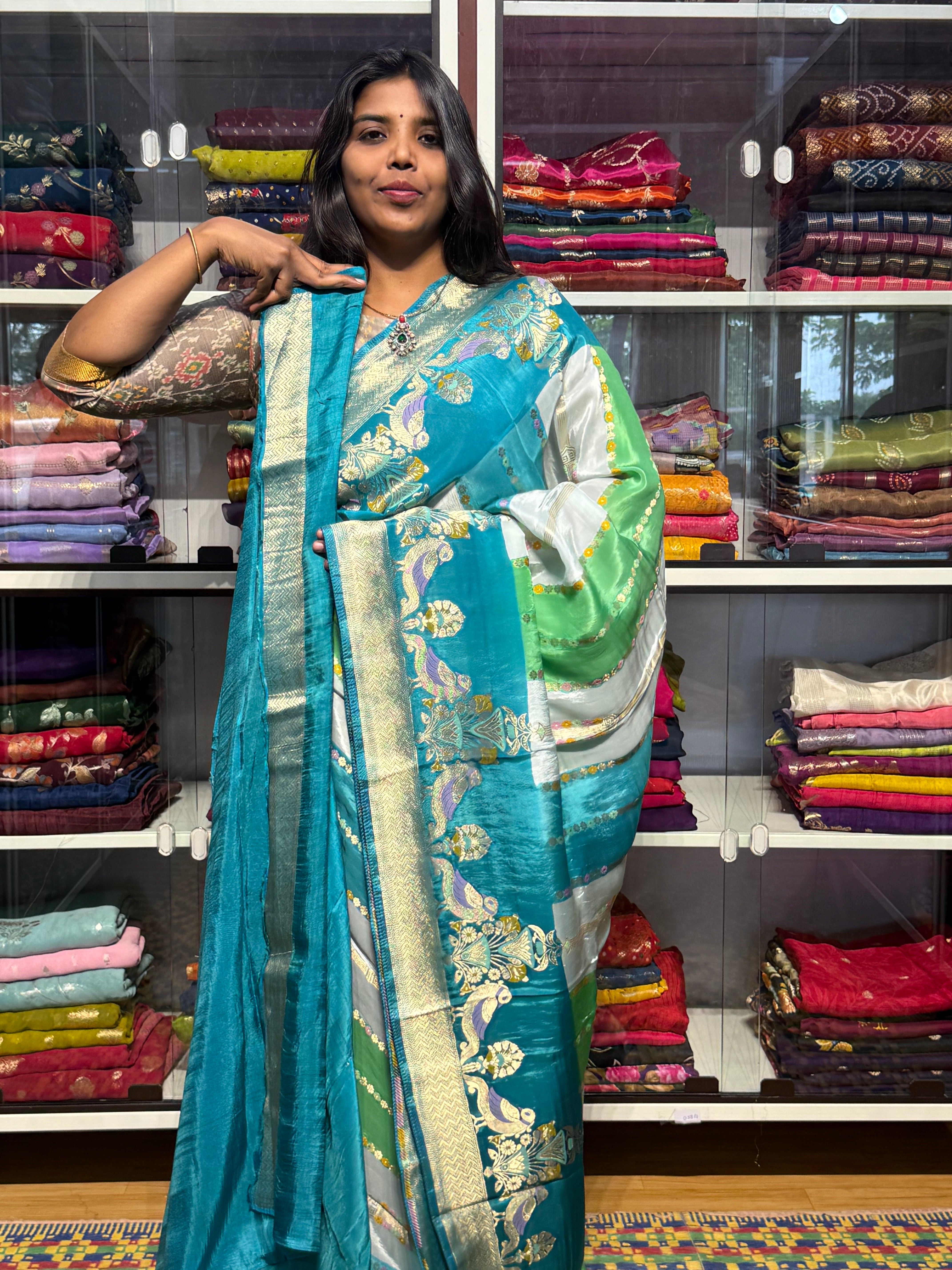 PREMIUM RANKAT PATTERN SAREE WITH MEENAKARI: SEA BLUE