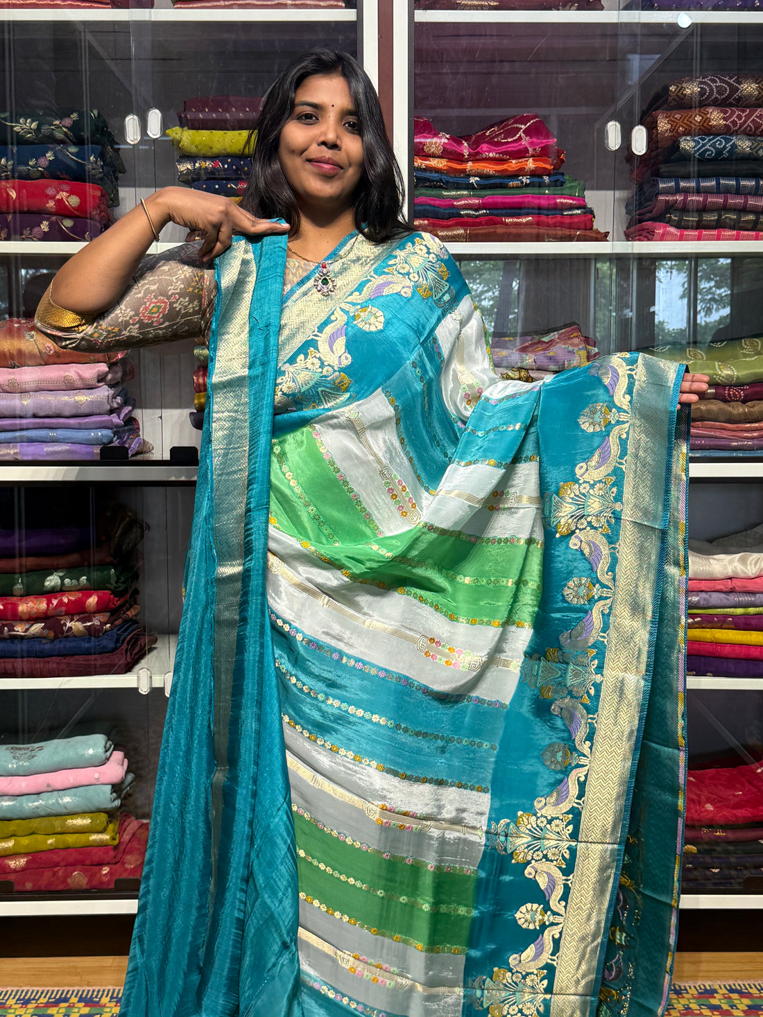 PREMIUM RANKAT PATTERN SAREE WITH MEENAKARI: SEA BLUE