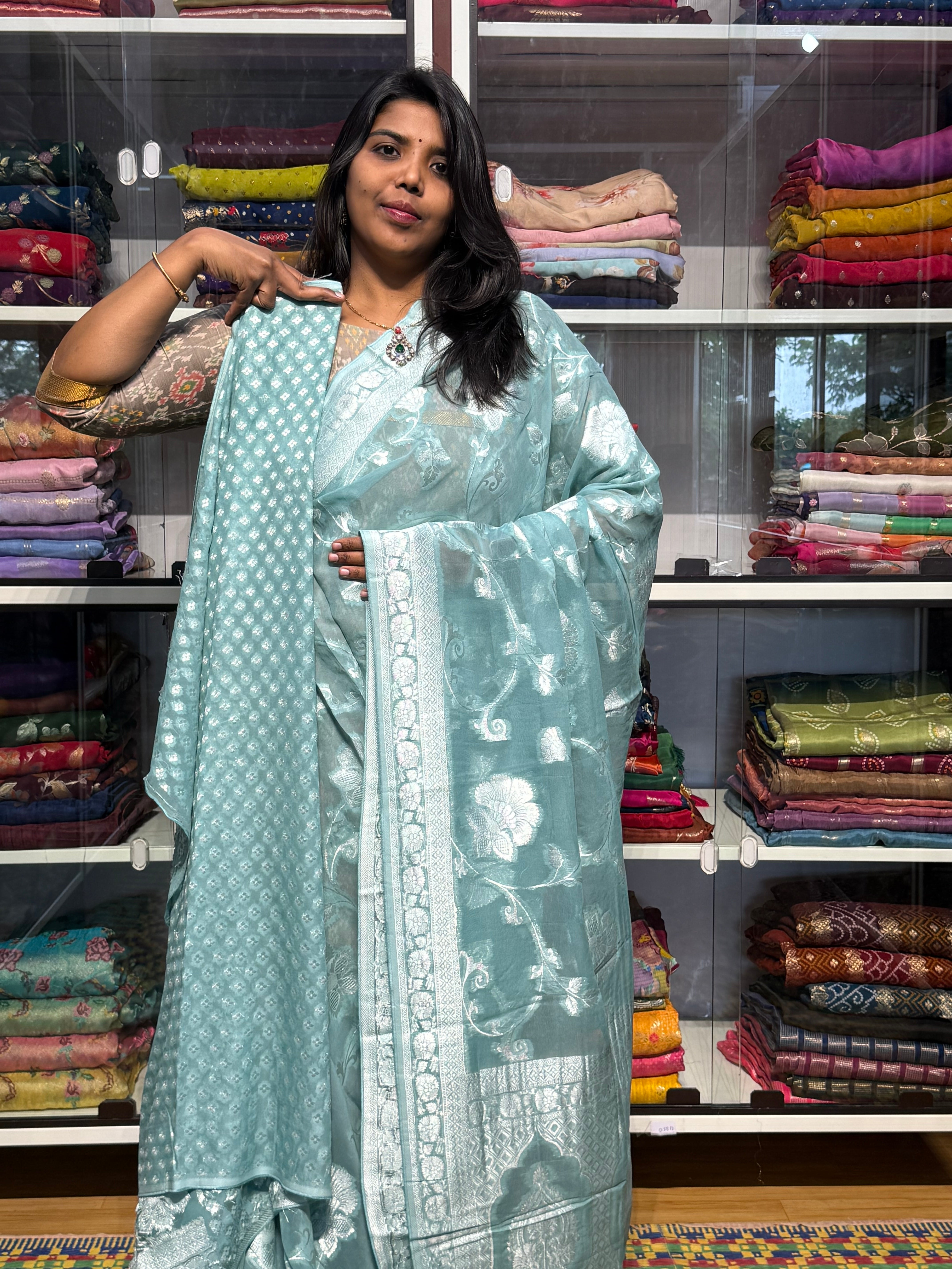 PURE BANARAS KHADDI GEORGETTE: SEA GREEN