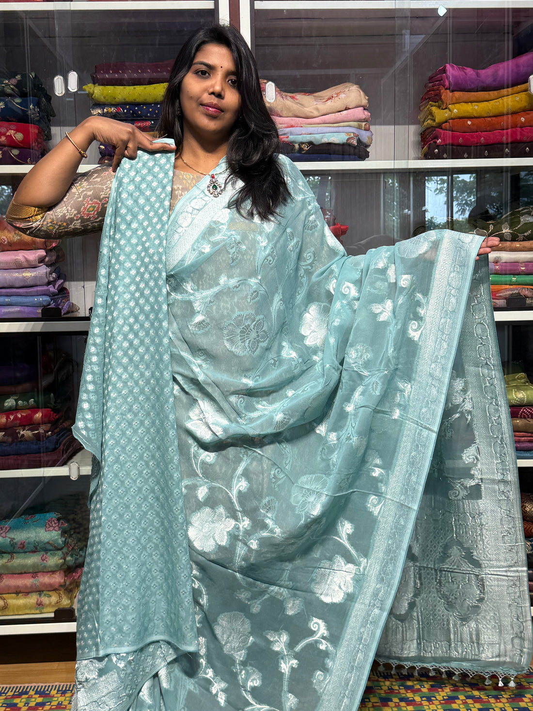 PURE BANARAS KHADDI GEORGETTE: SEA GREEN