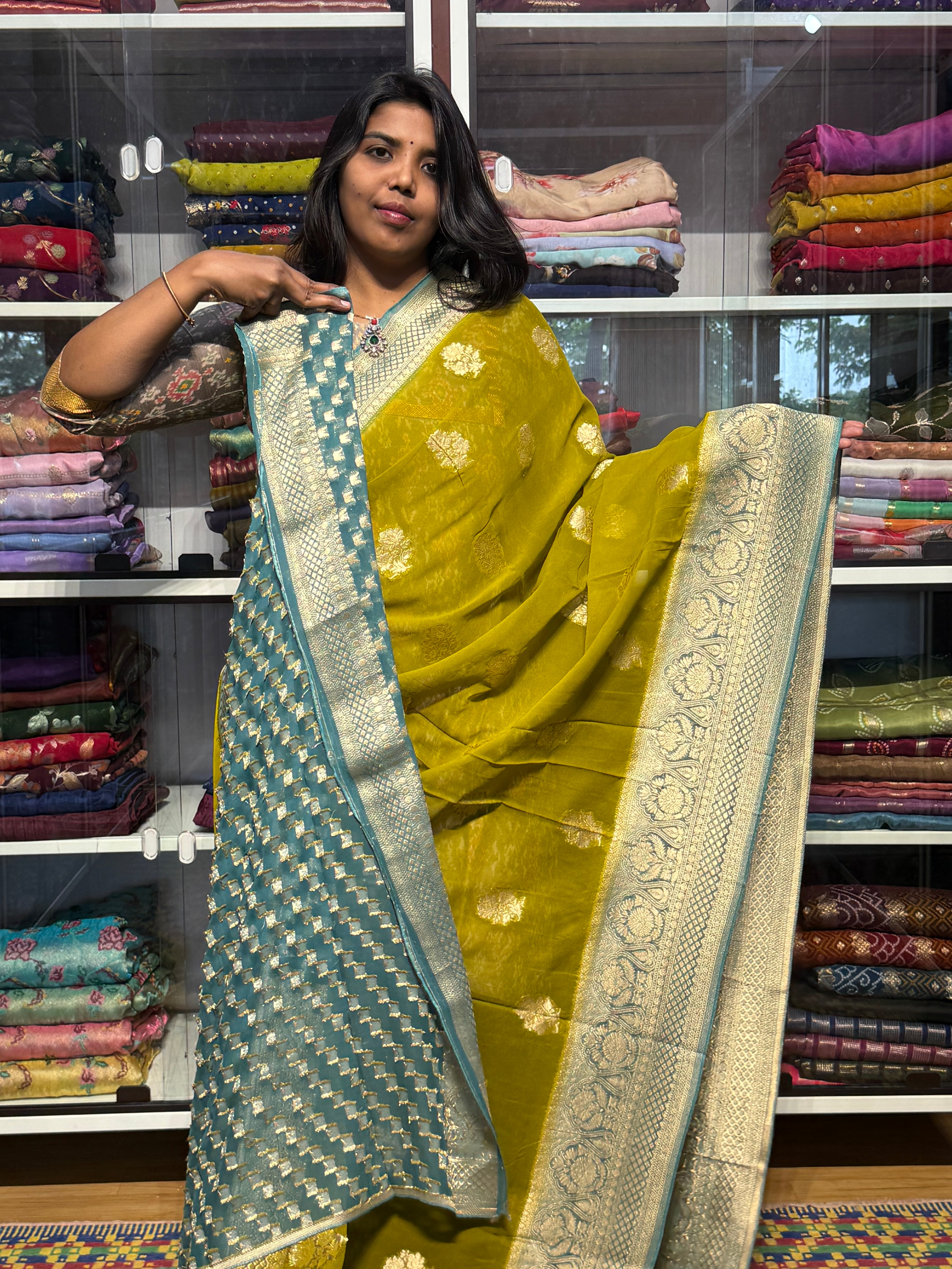 PURE BANARAS KHADDI GEORGETTE: DEVADASI GREEN