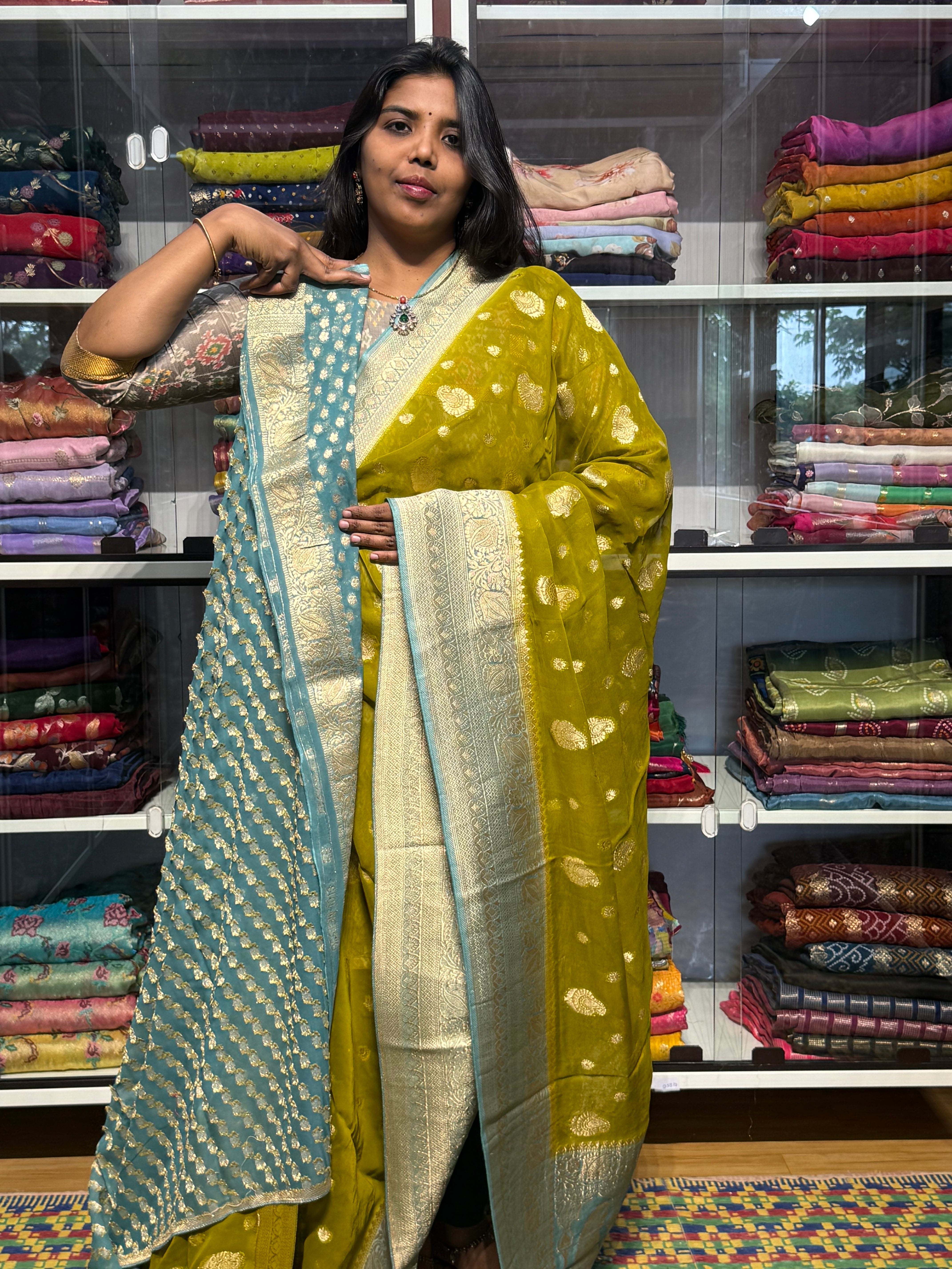 PURE BANARAS KHADDI GEORGETTE: DEVADASI GREEN
