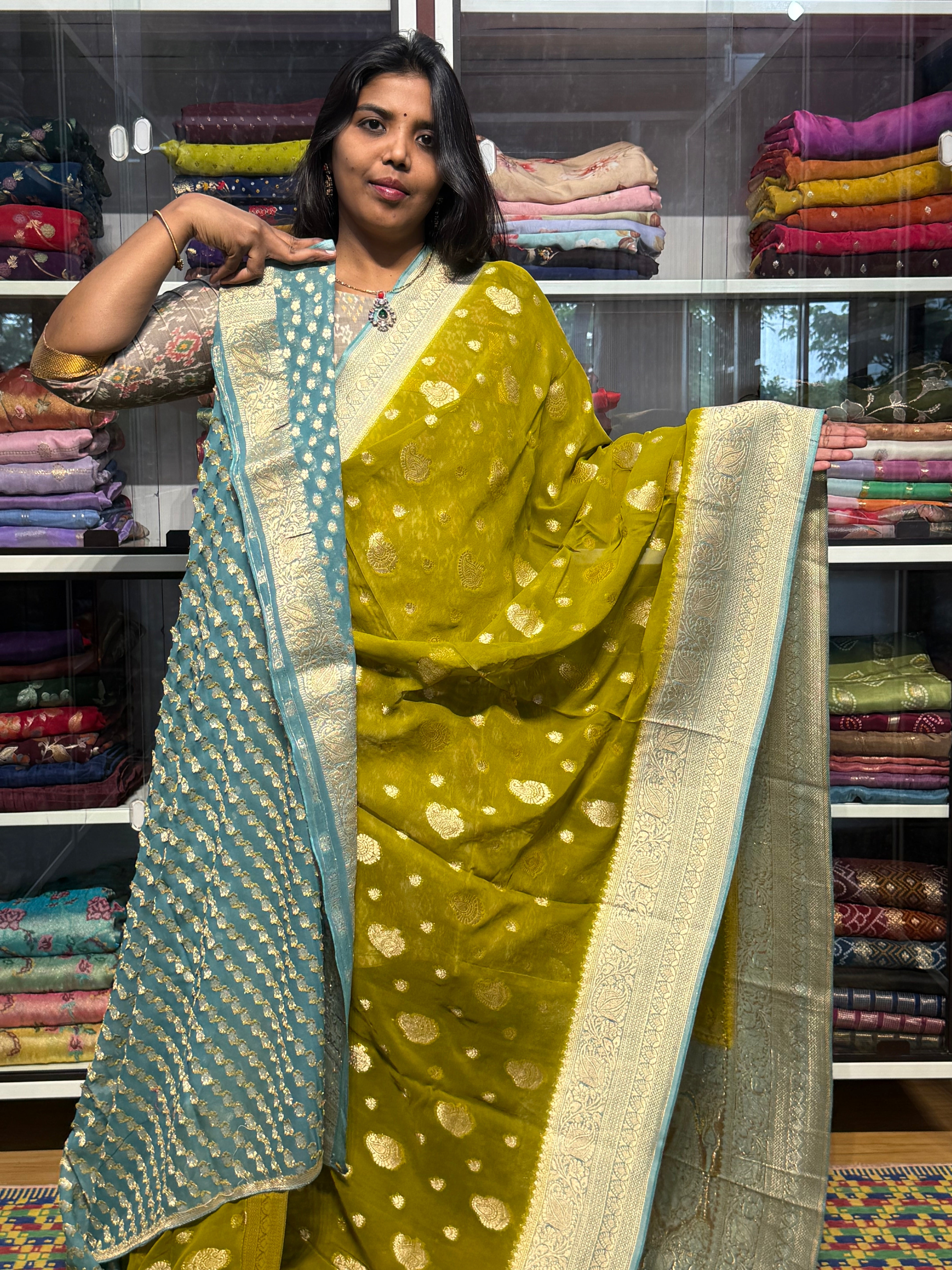 PURE BANARAS KHADDI GEORGETTE: DEVADASI GREEN