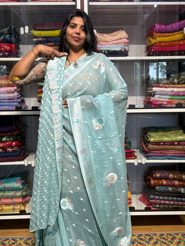 PURE BANARAS KHADDI GEORGETTE WITH MEENAKARI : SEA GREEN