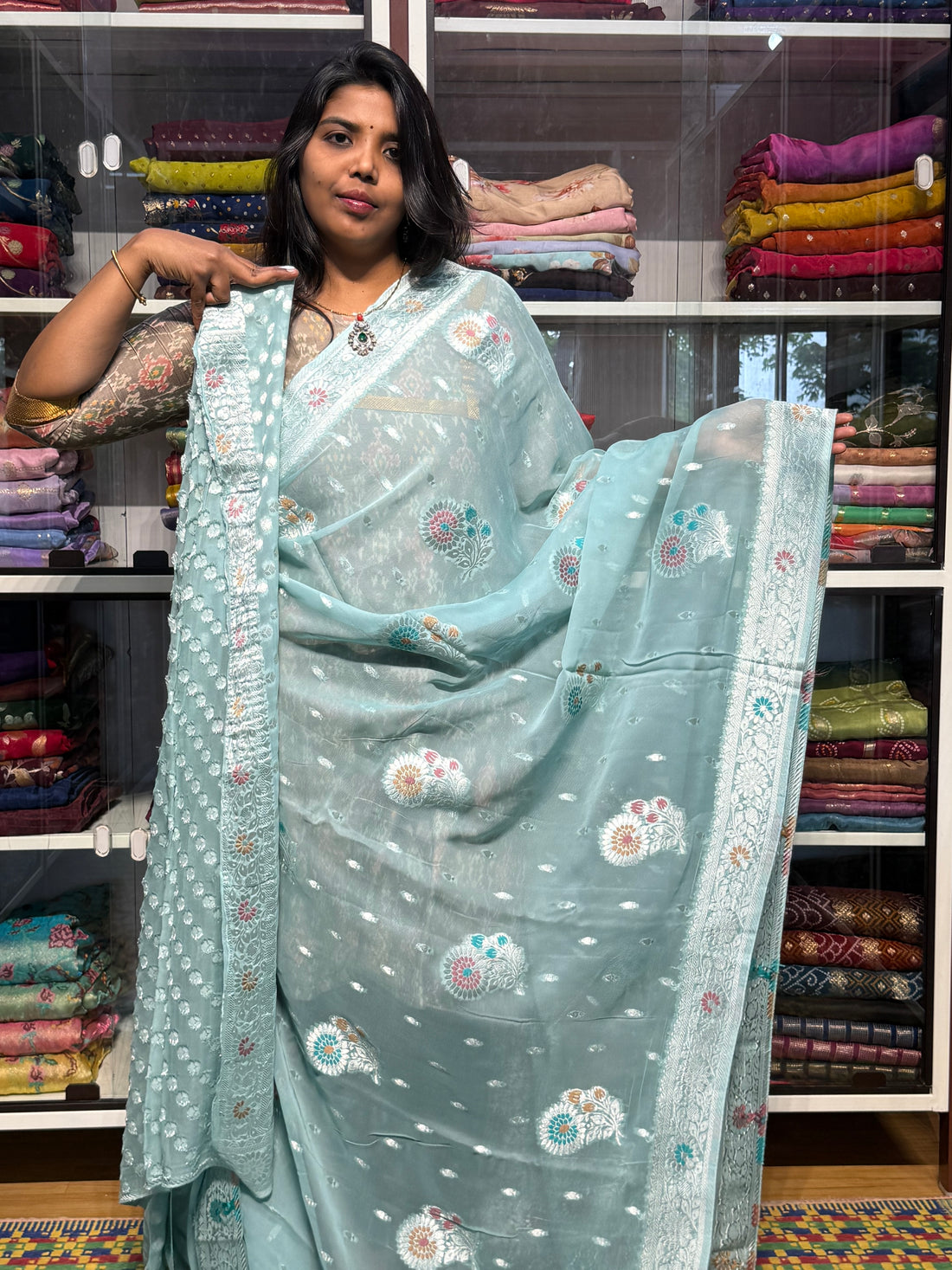 PURE BANARAS KHADDI GEORGETTE WITH MEENAKARI : SEA GREEN