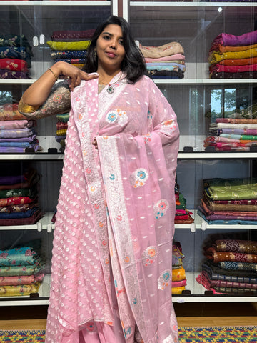 PURE BANARAS KHADDI GEORGETTE WITH MEENAKARI : BABY PINK