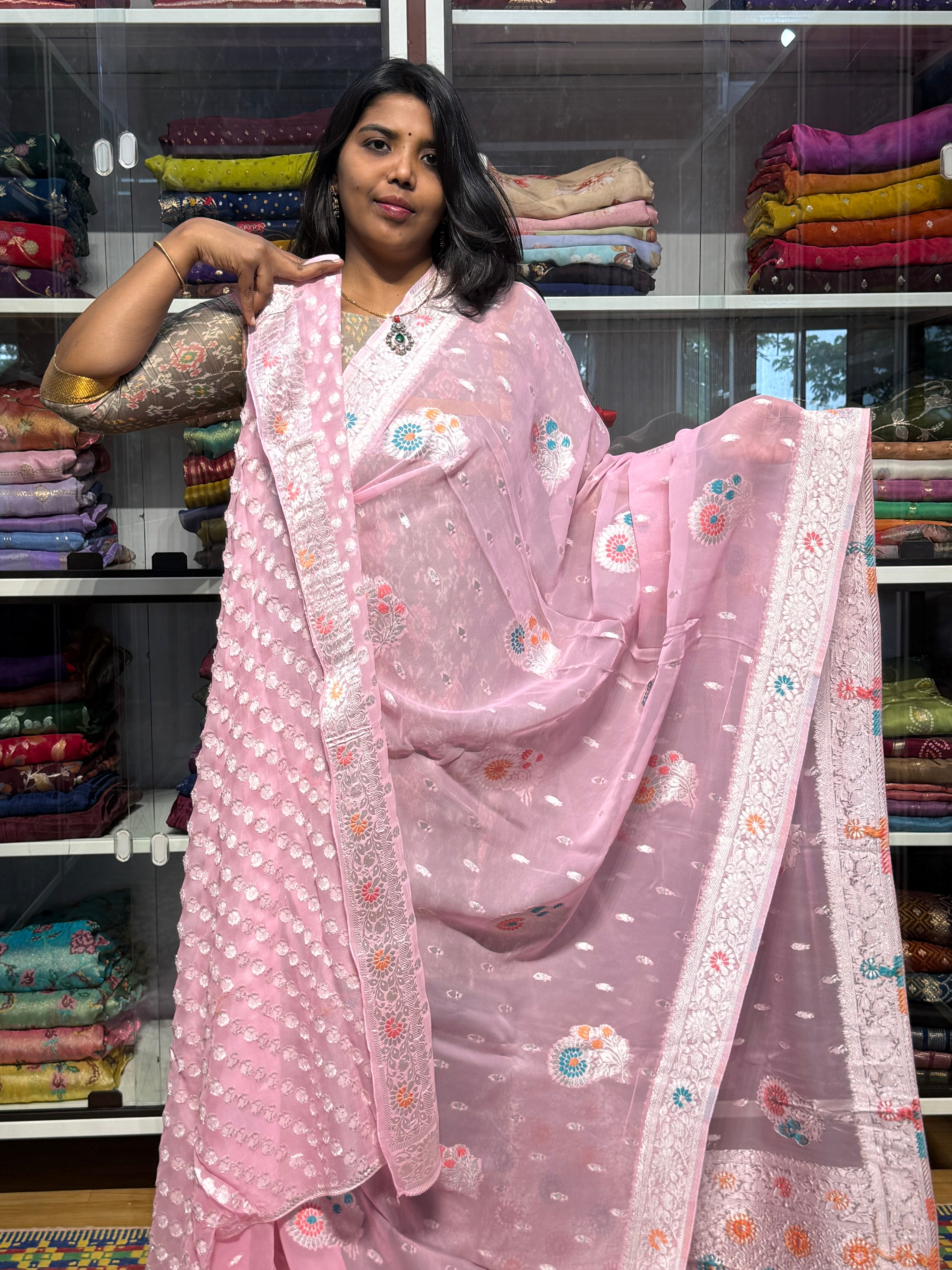PURE BANARAS KHADDI GEORGETTE WITH MEENAKARI : BABY PINK
