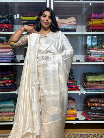 RUSSIAN CREPE SAREE WITH STRIPES PATTERN: HALF WHITE