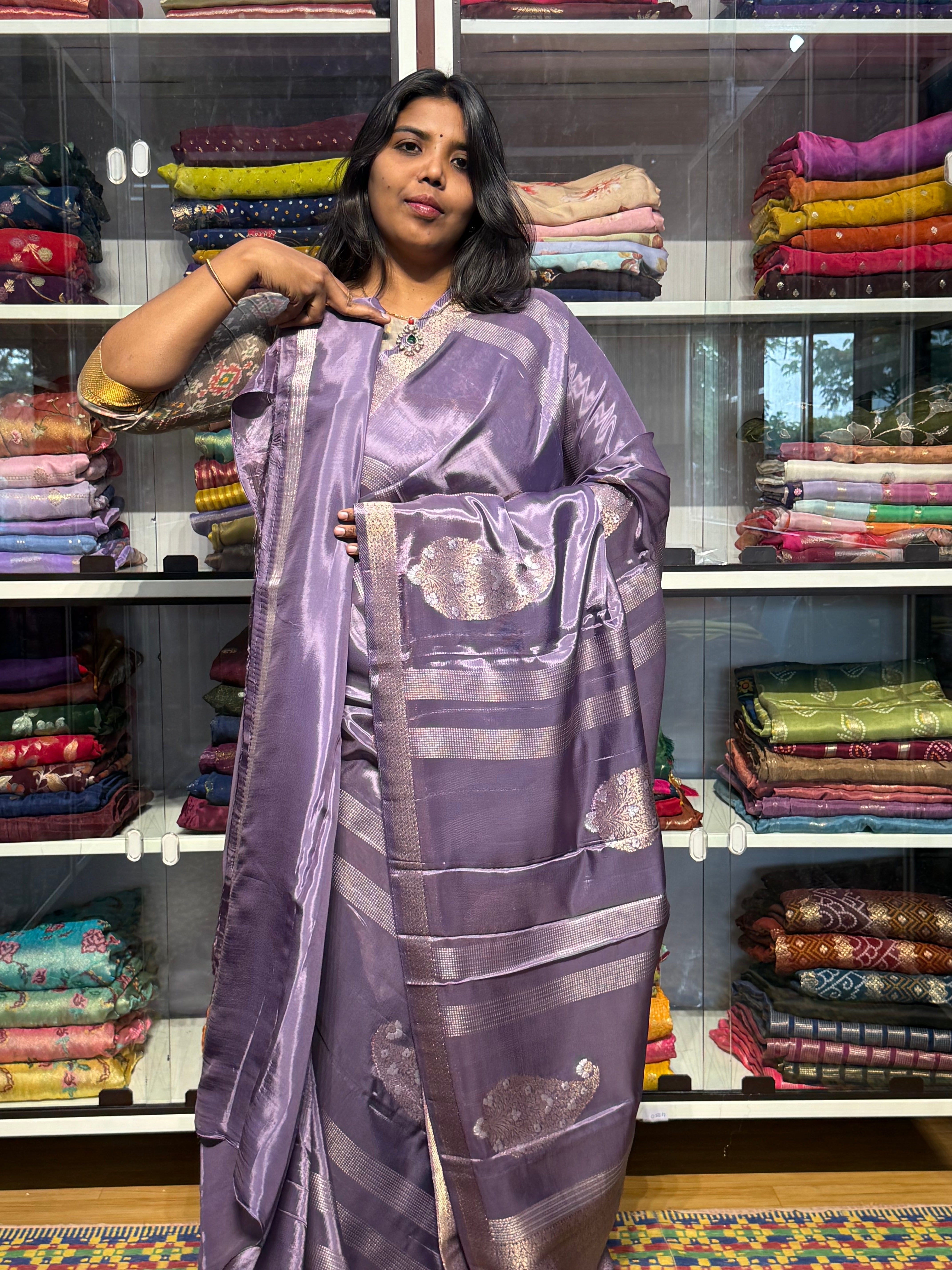 RUSSIAN CREPE SAREE WITH STRIPES PATTERN: LAVENDER