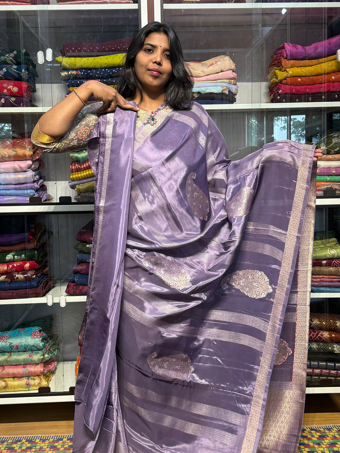 RUSSIAN CREPE SAREE WITH STRIPES PATTERN: LAVENDER