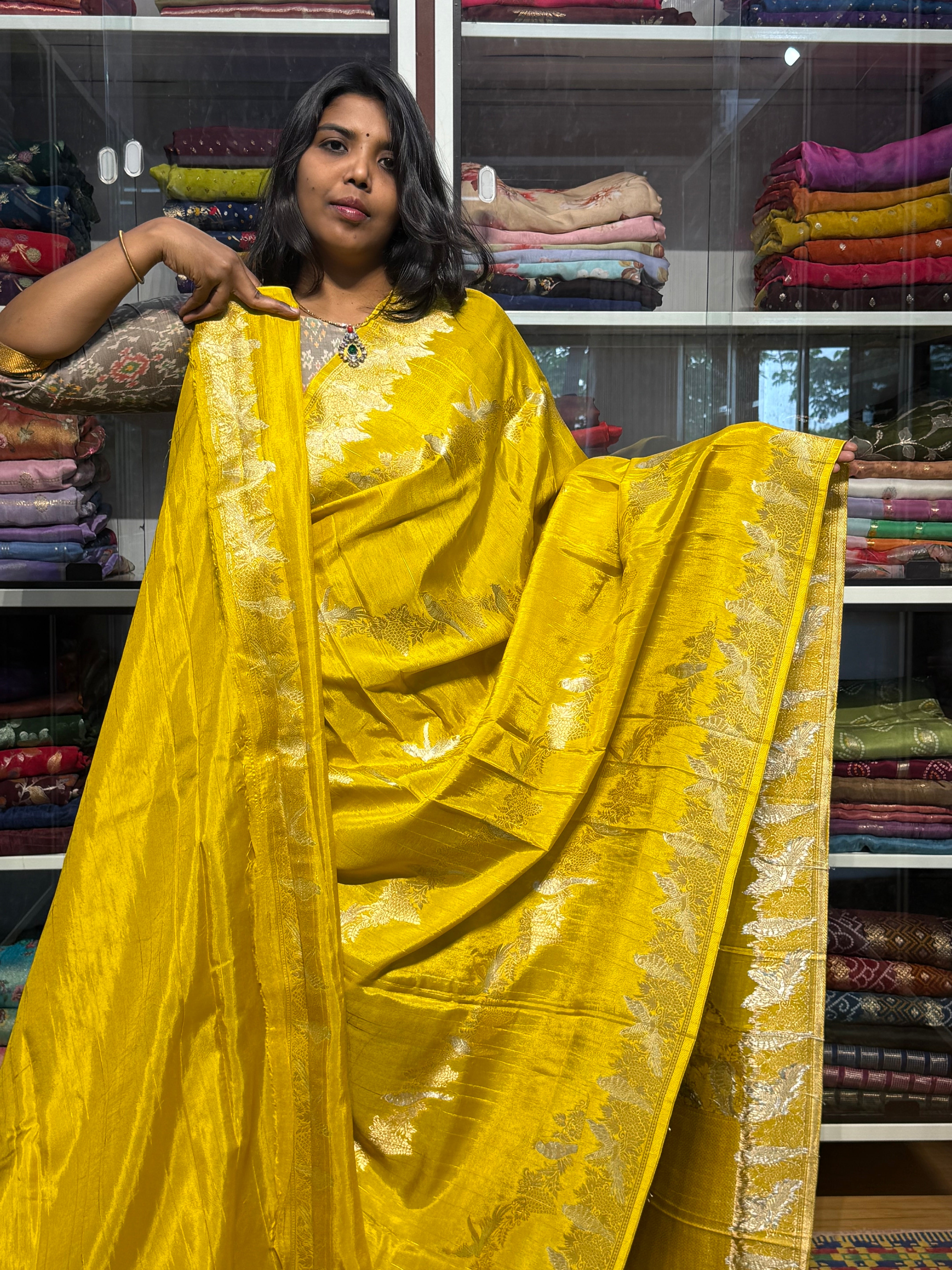 MATKA SILK WITH LEHERIYA WEAVING: YELLOW