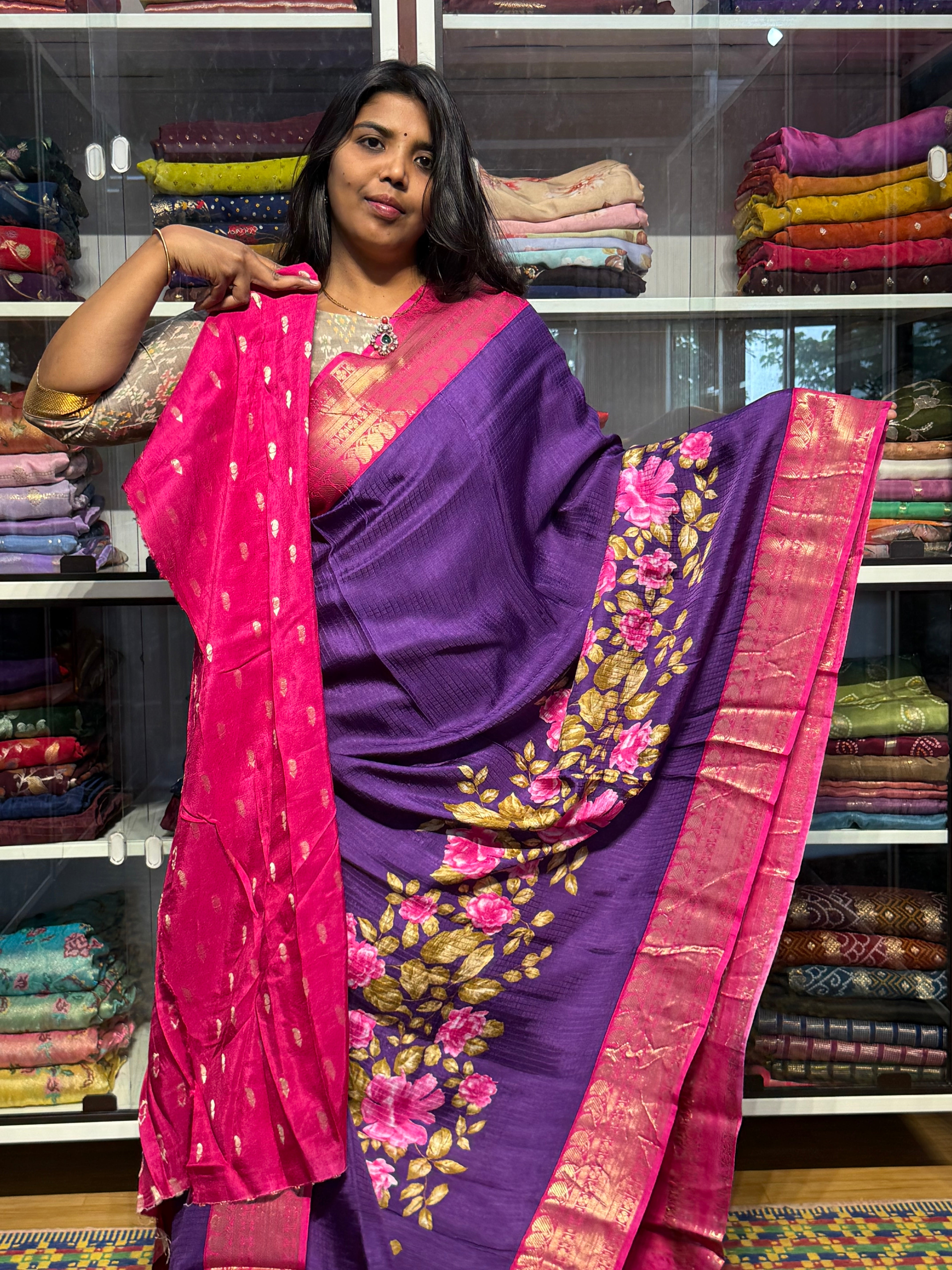 MYSORE SILK WITH DIGITAL PRINT: PURPLE