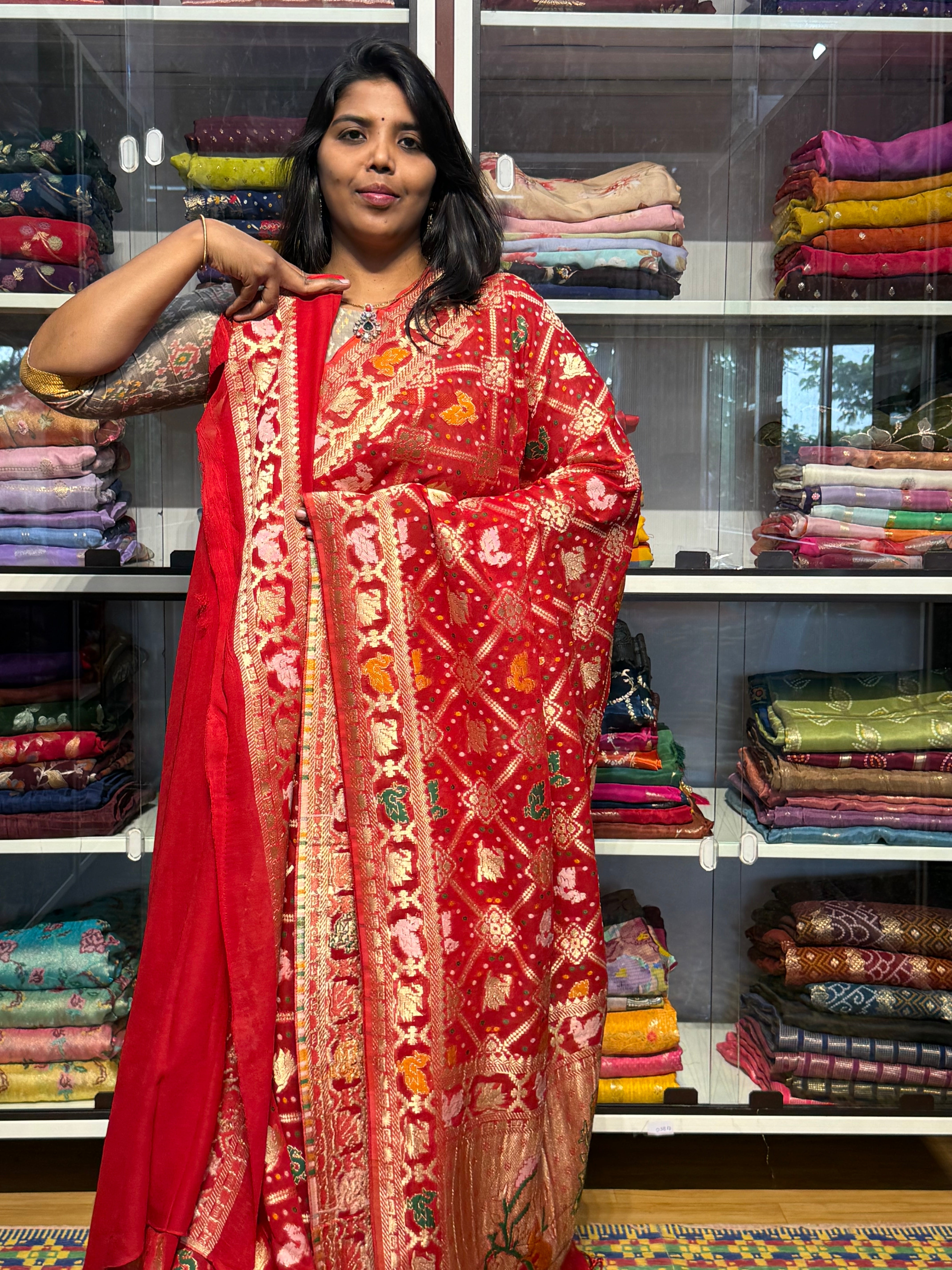 PURE BANARAS KHADDI GEORGETTE WITH BANDINI WEAVING: RED