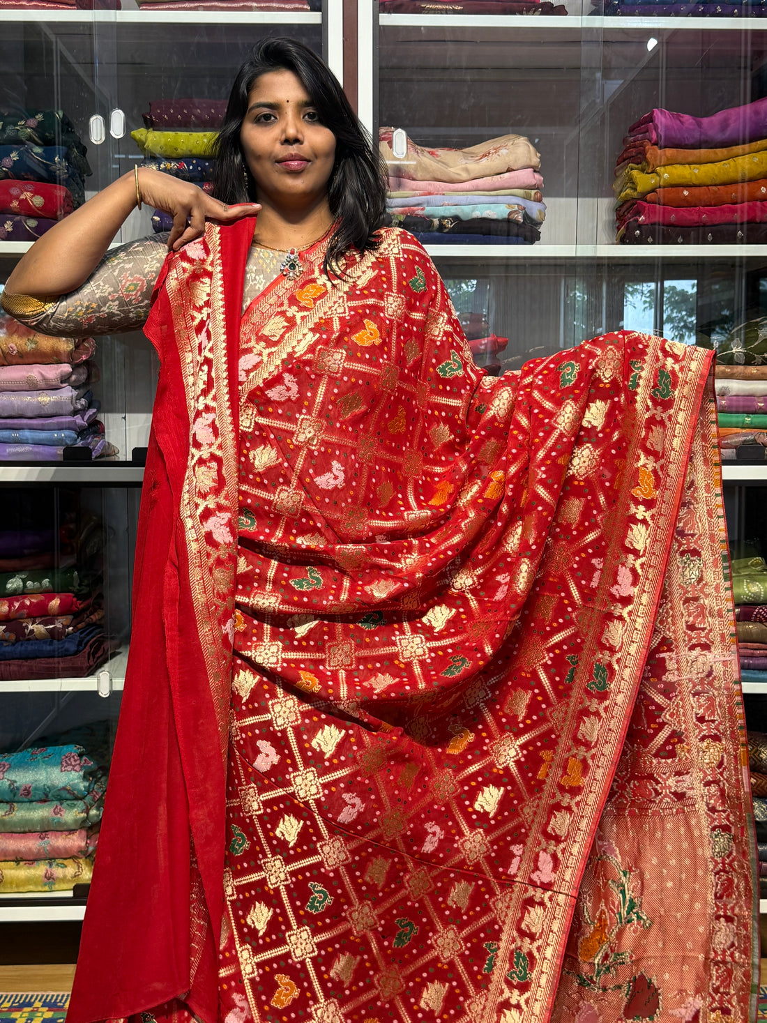 PURE BANARAS KHADDI GEORGETTE WITH BANDINI WEAVING: RED