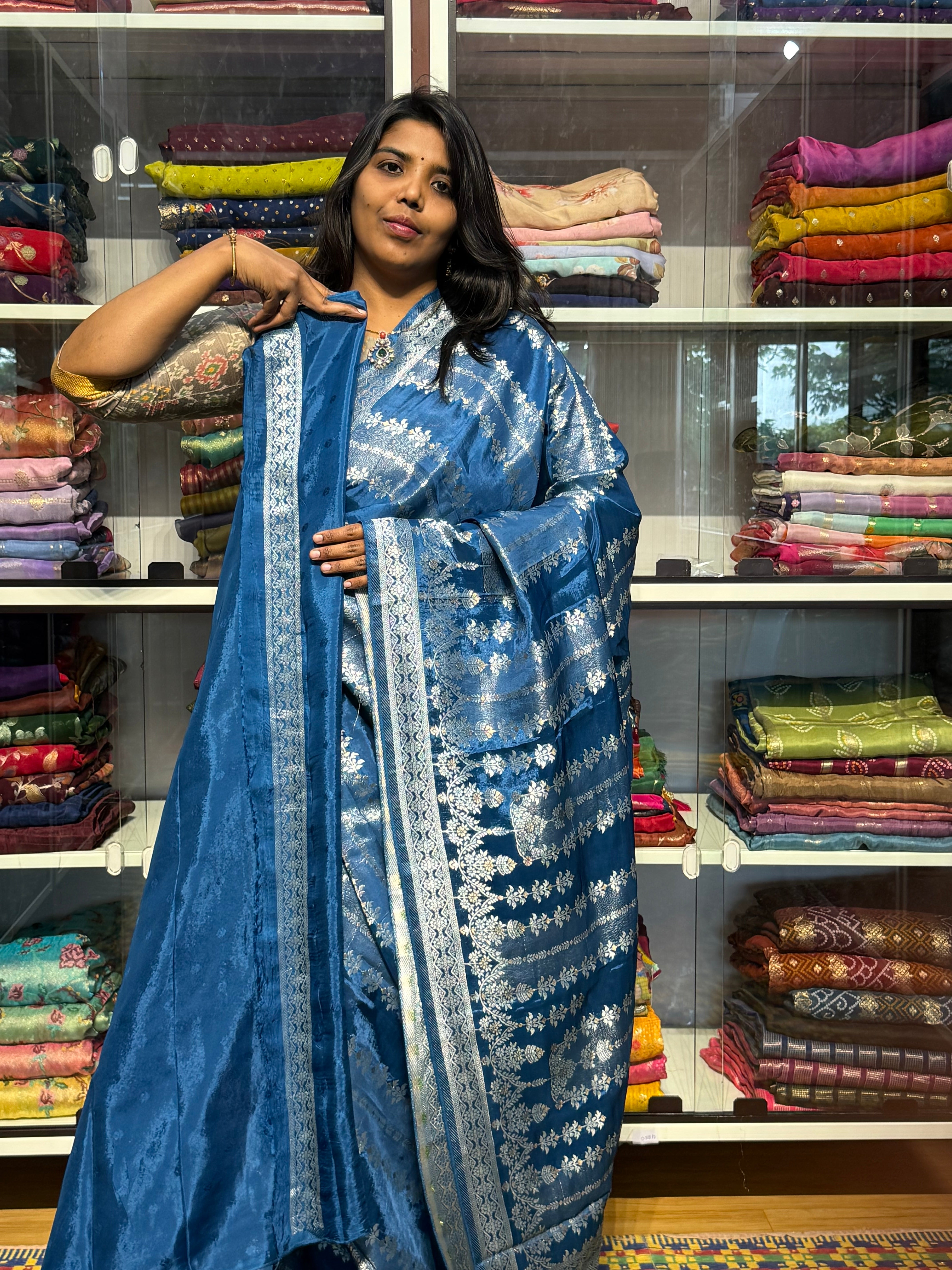BANARAS TISSUE WEAVING SAREE: GERMAN BLUE