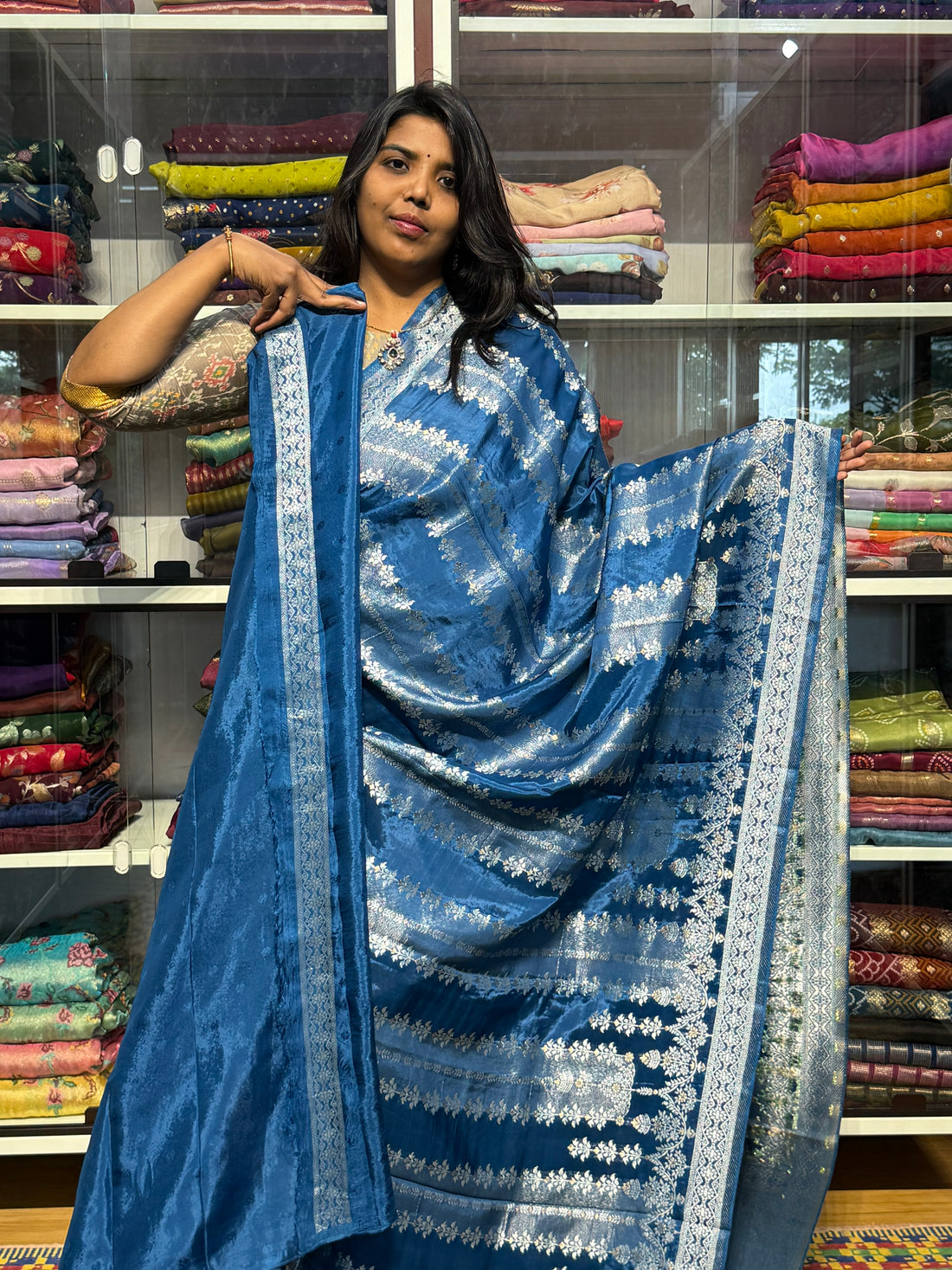 BANARAS TISSUE WEAVING SAREE: GERMAN BLUE