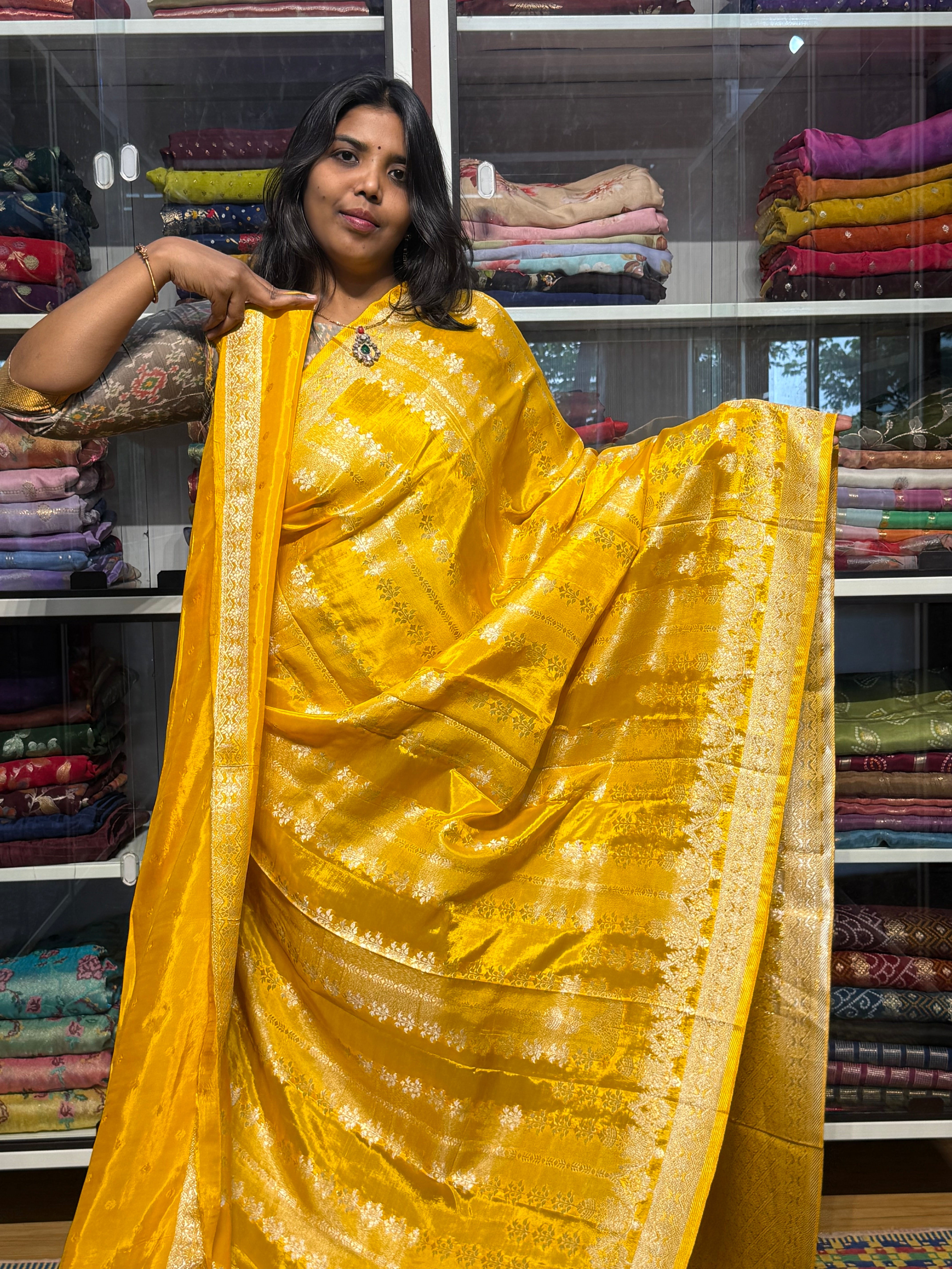 BANARAS TISSUE WEAVING SAREE: LEMON YELLOW