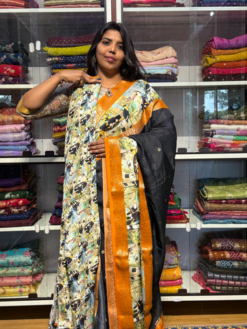 CREPE SILK SAREE WITH BEAUTIFULL DIGITAL PRINTS: BLACK