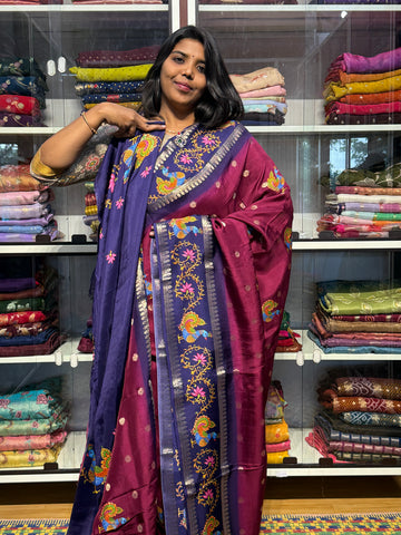 RUSSIAN CREPE SILK WITH TANJORE DIGITAL PRINT: MAGENTA