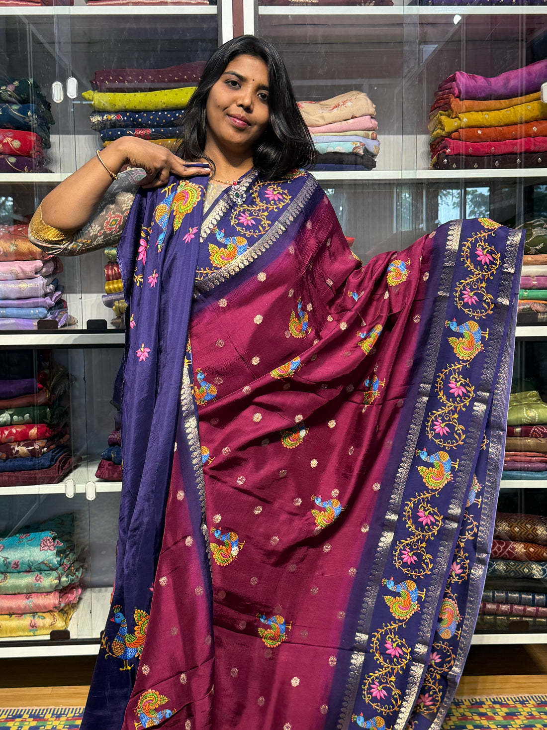 RUSSIAN CREPE SILK WITH TANJORE DIGITAL PRINT: MAGENTA