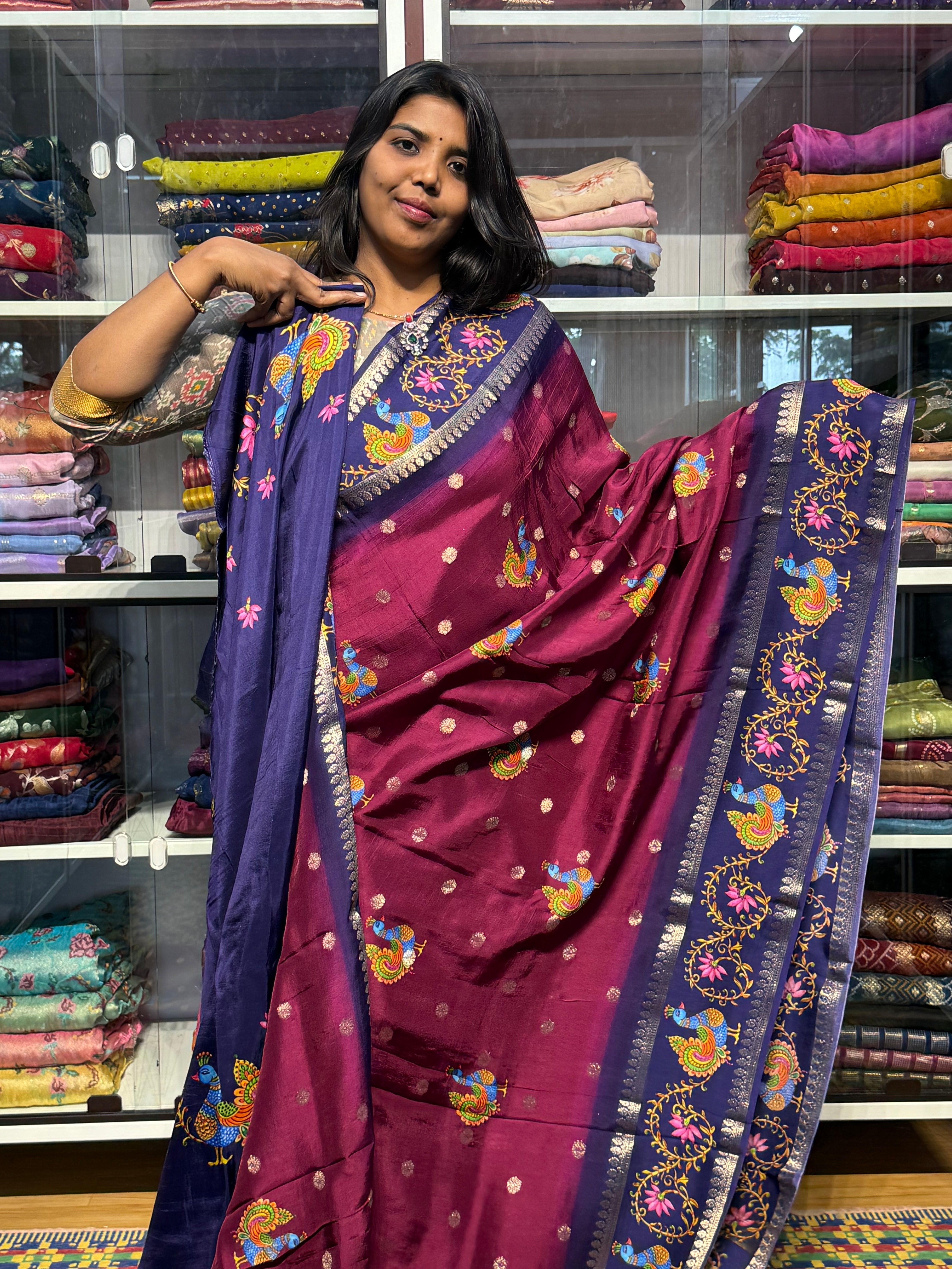 RUSSIAN CREPE SILK WITH TANJORE DIGITAL PRINT: MAGENTA