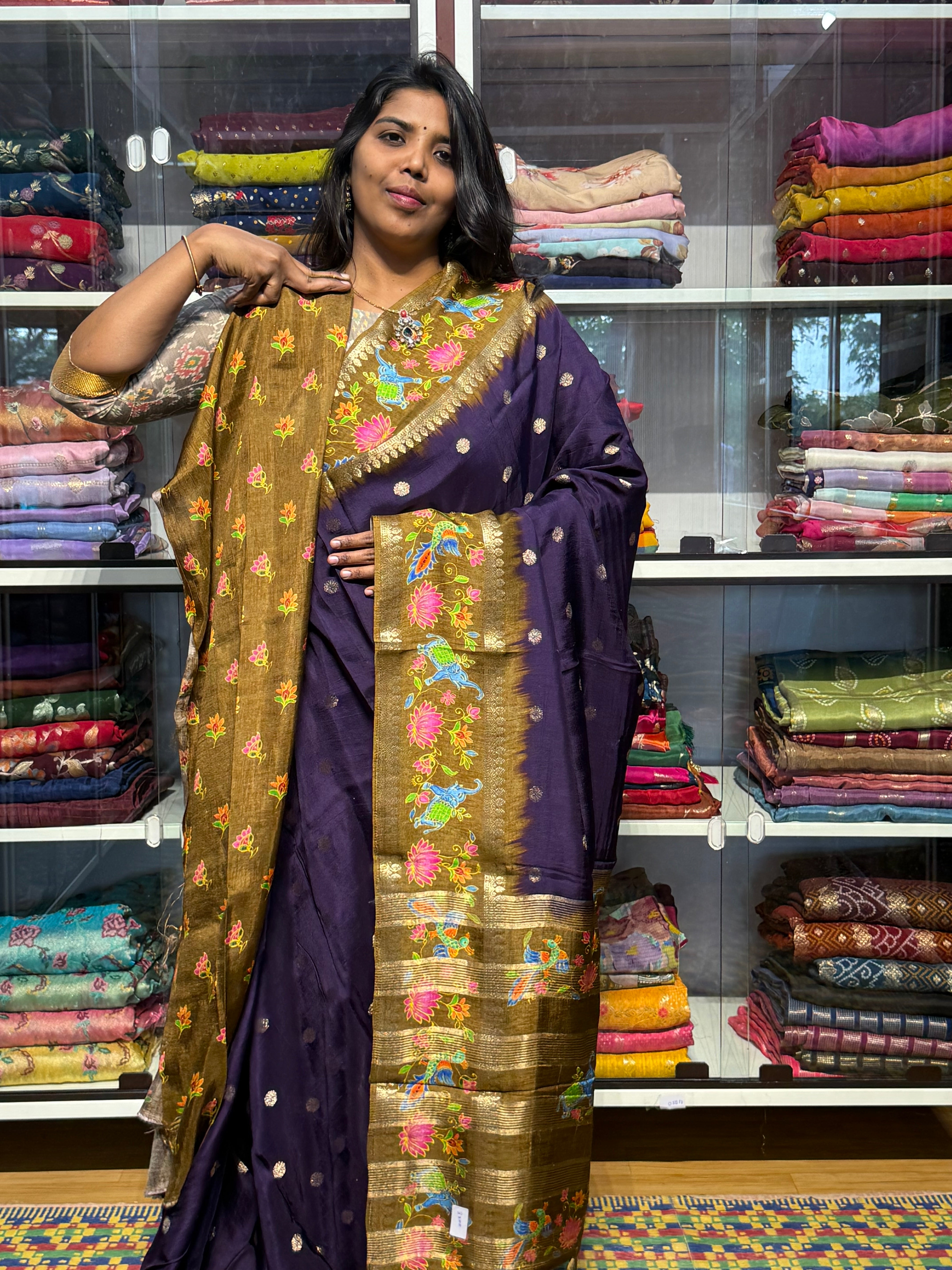 RUSSIAN CREPE SILK WITH TANJORE DIGITAL PRINT: VOILET