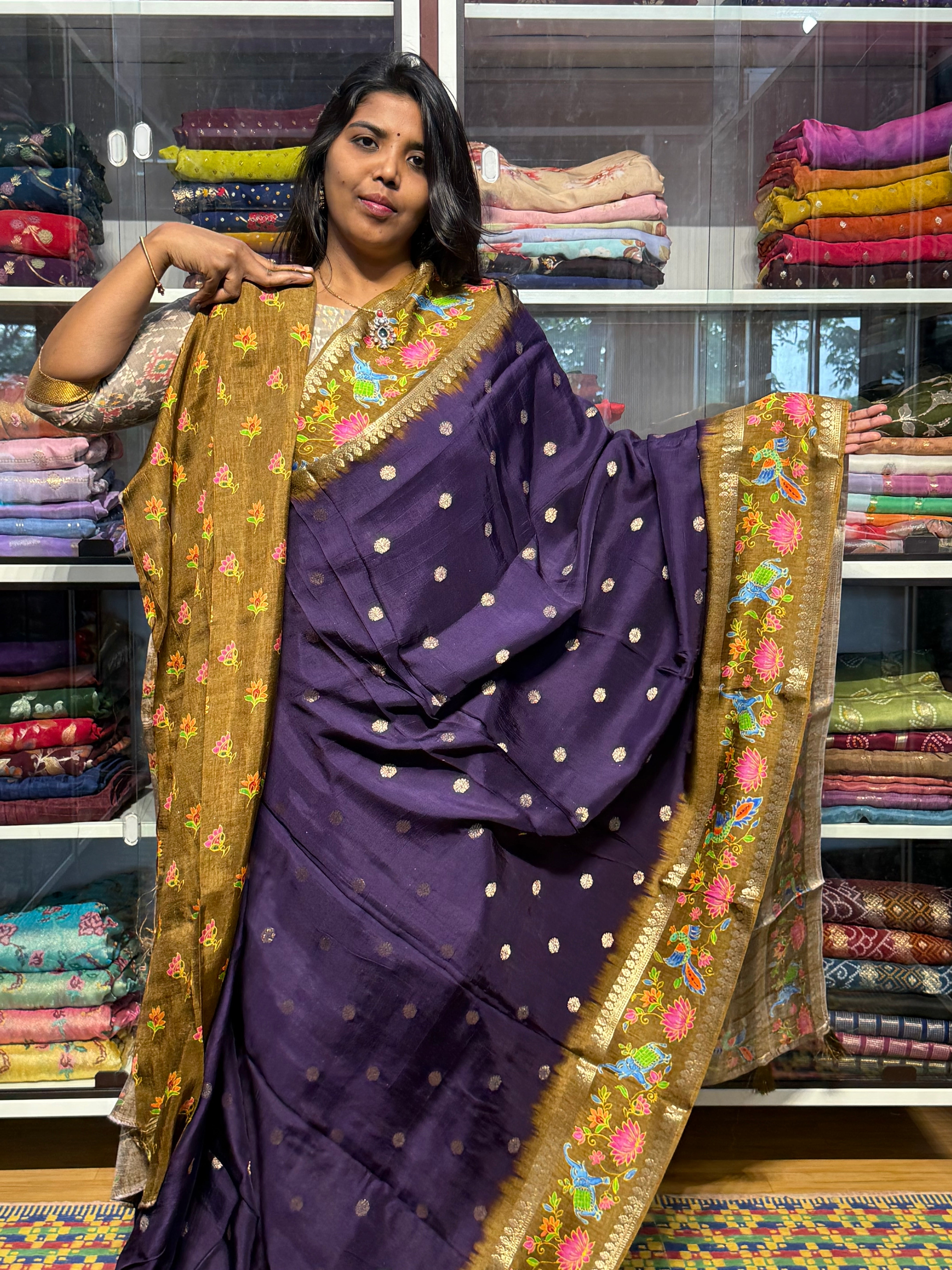 RUSSIAN CREPE SILK WITH TANJORE DIGITAL PRINT: VOILET