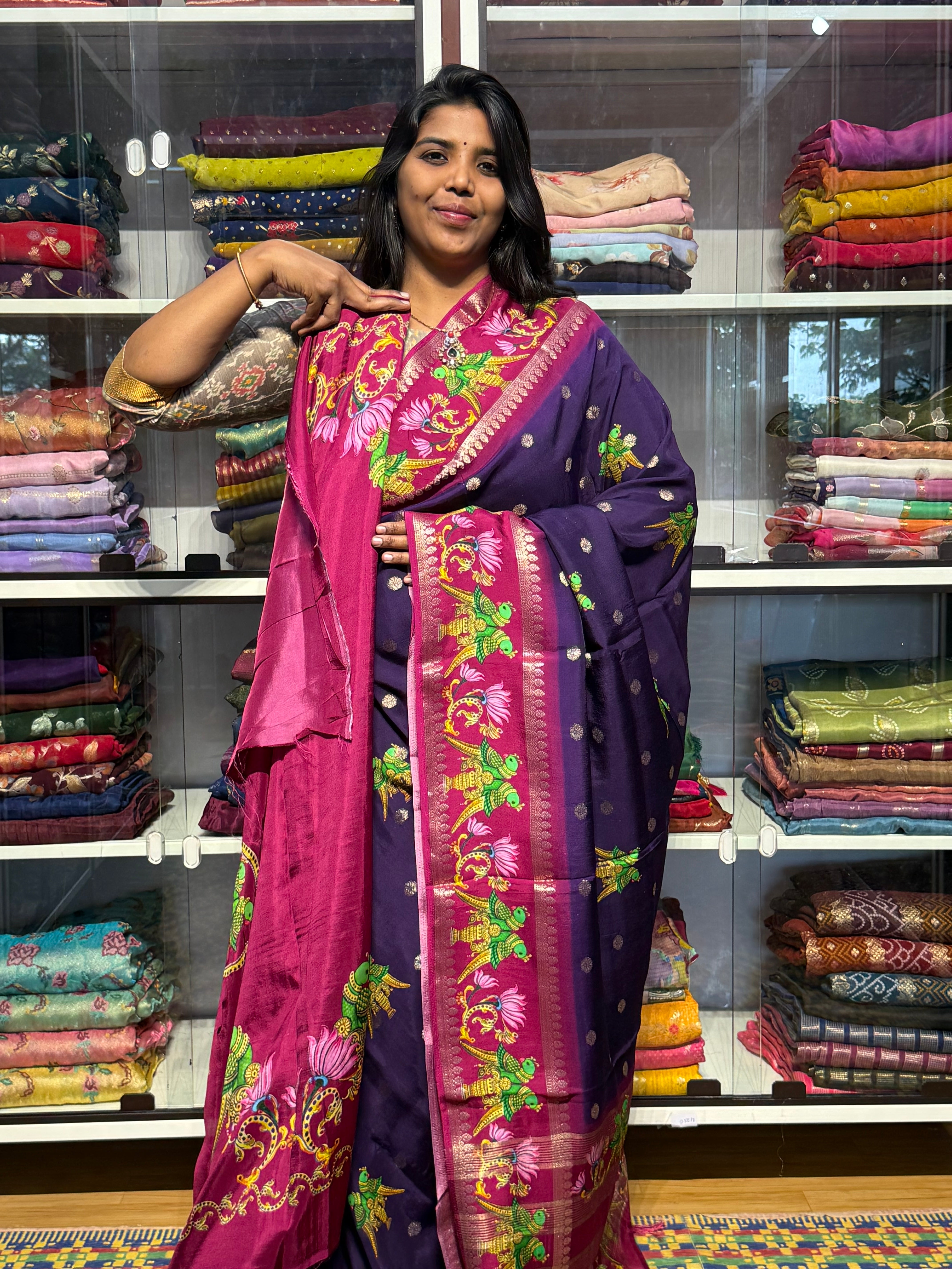 RUSSIAN CREPE SILK WITH TANJORE DIGITAL PRINT: PURPLE